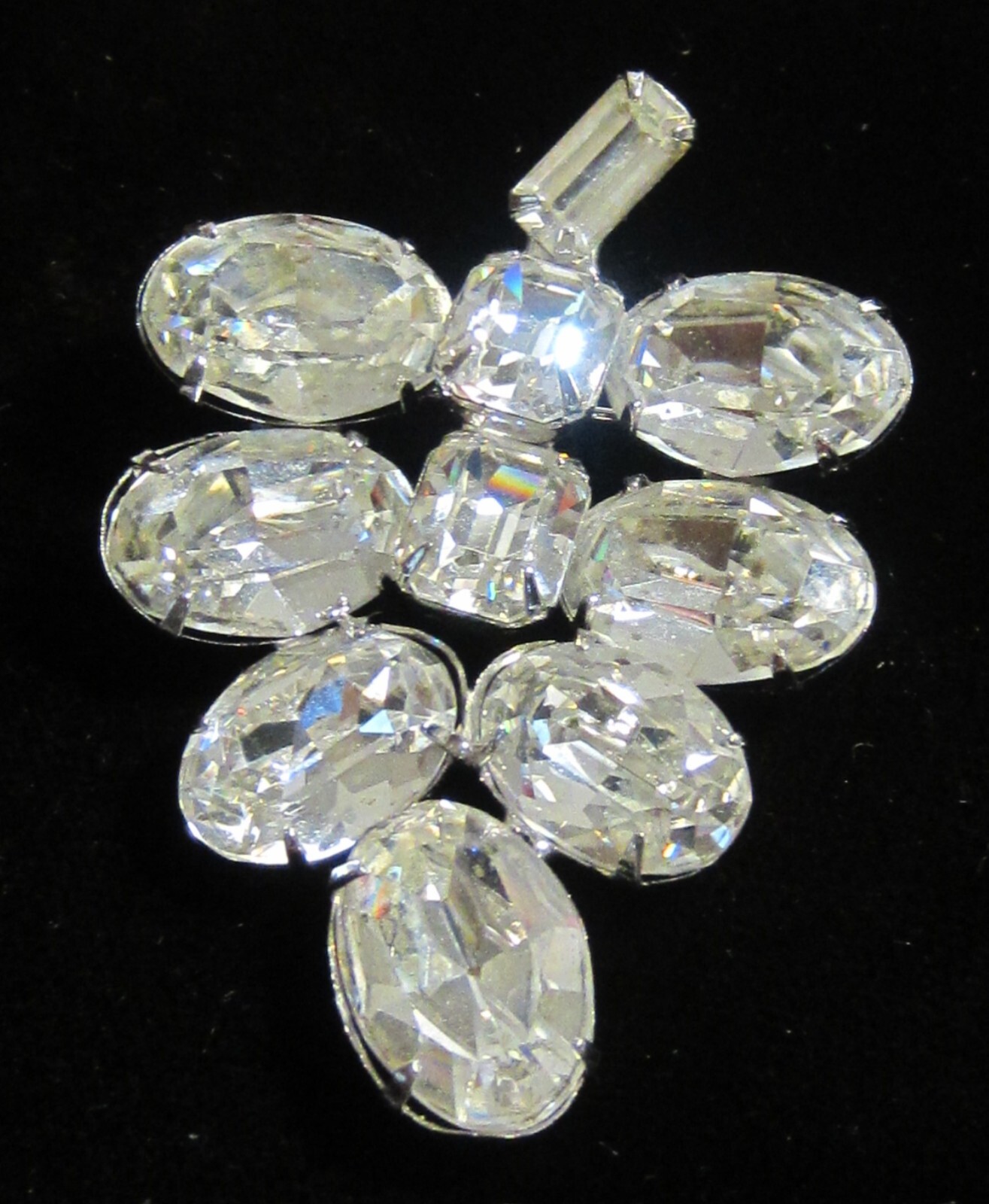 Vintage Clear Rhinestone grape cluster brooch signed Weiss prong set
