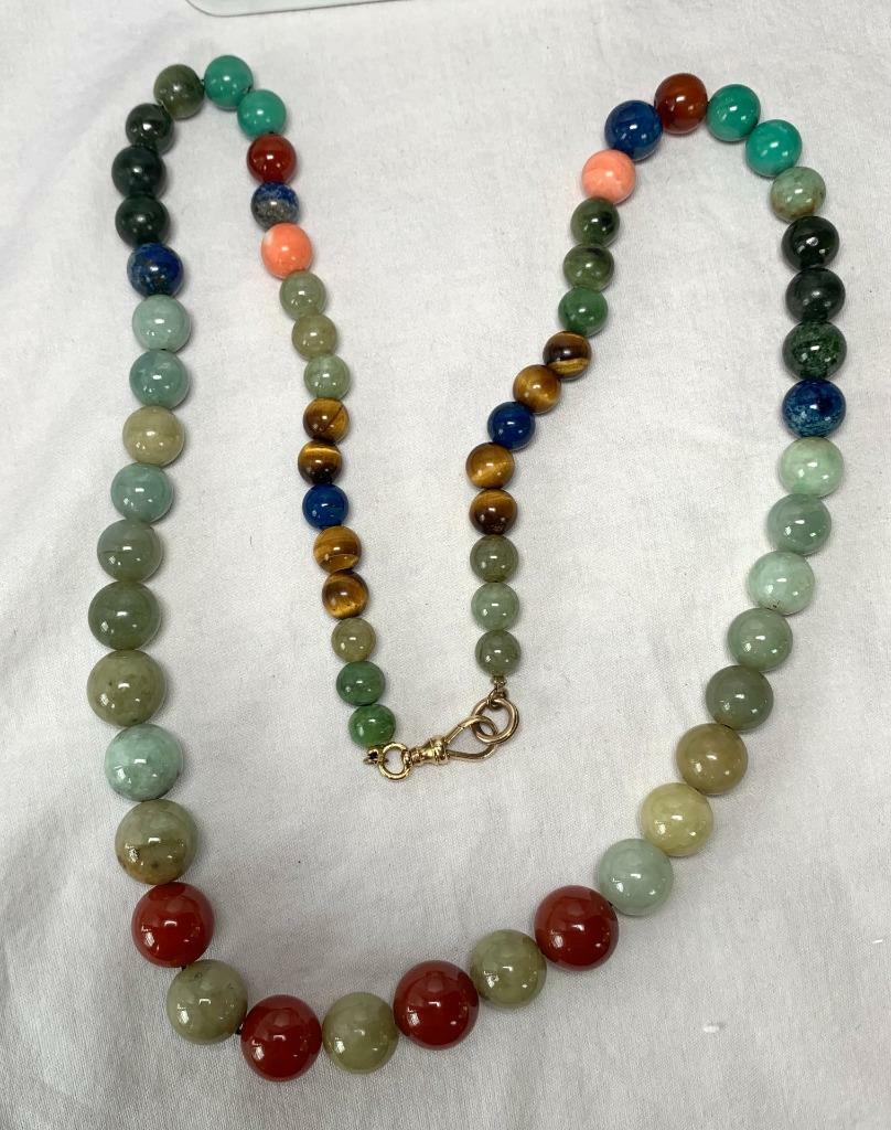 Jade Carnelian Lapis Malachite Tiger’s Eye 14 Karat Gold Necklace Dog Clip Clasp