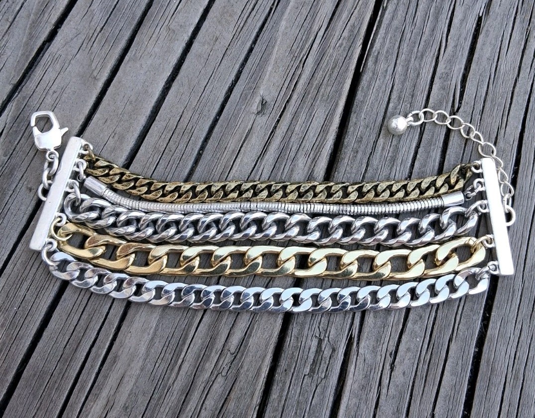 Jenny Bird Multi Chain Silver Gold Bronze Tone Lobster Claw Clasp Bracelet 8.5″