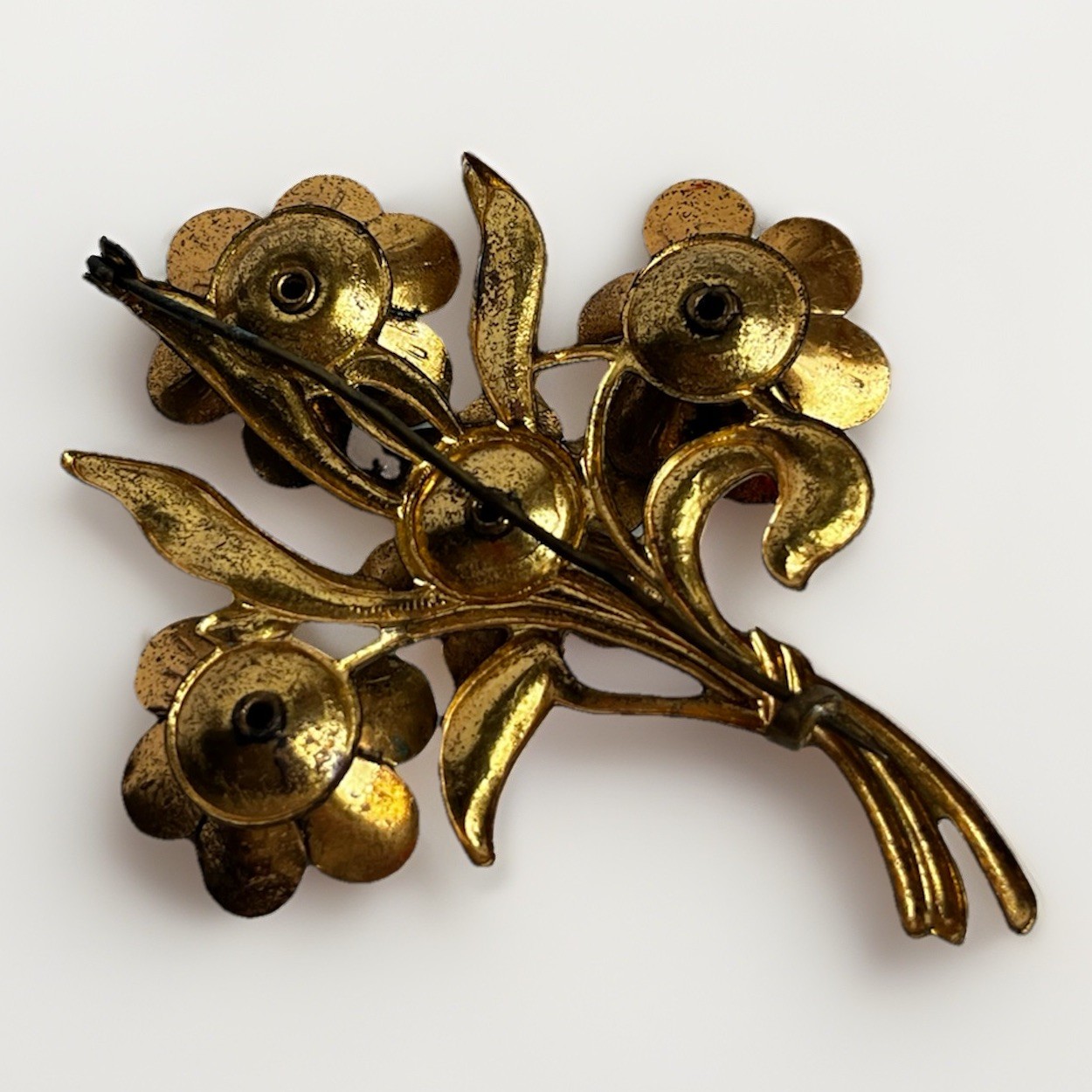 Vintage 1940’s Large Gold Tone Floral Sprig Brooch With Green Rhinestones
