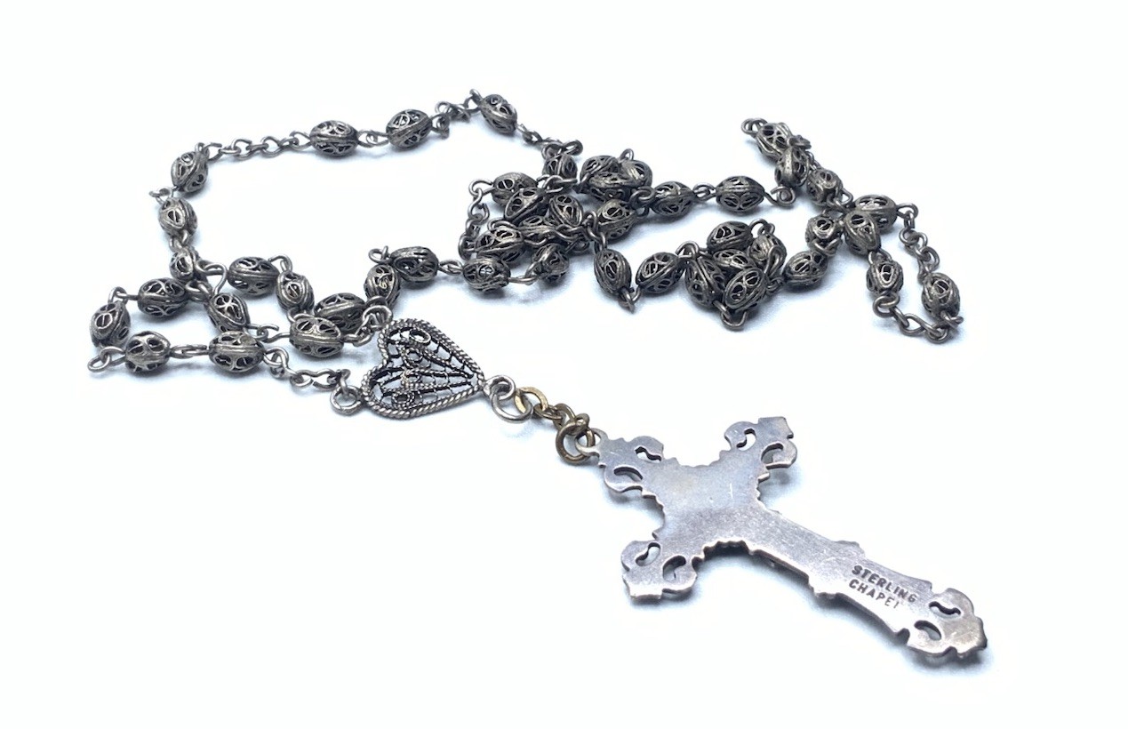 Vintage Chapel Sterling Silver CATHOLIC Jesus Cross Crucifix 20” Necklace Rosary