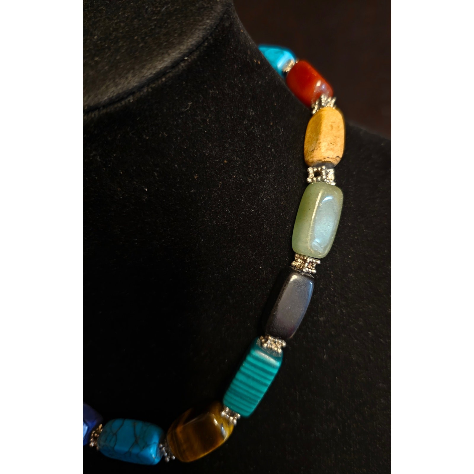 Vtg Gemstone Statement Necklace Tiger’s Eye Jade Malachite Onyx Carnelian 17″