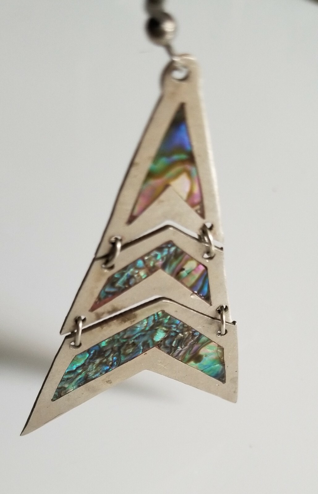 Vintage 80’s New Mexico 3 tiered triangular Silver Earrings Paua Abalone Shell 