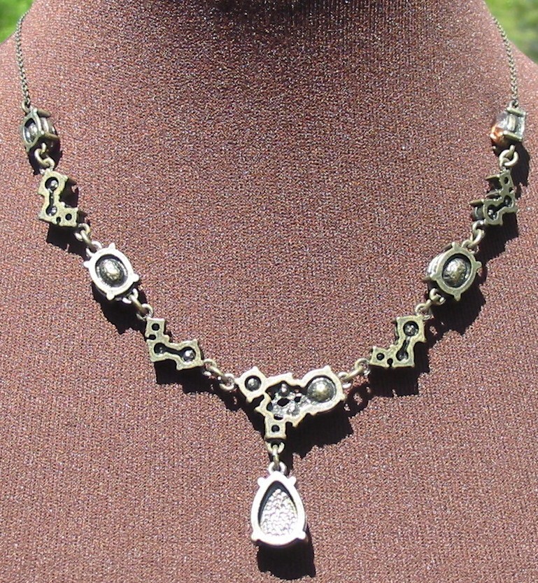 Vtg Avon Bronze Tone Brown Green Rhinestone Necklace Earrings Y-Drop Necklace