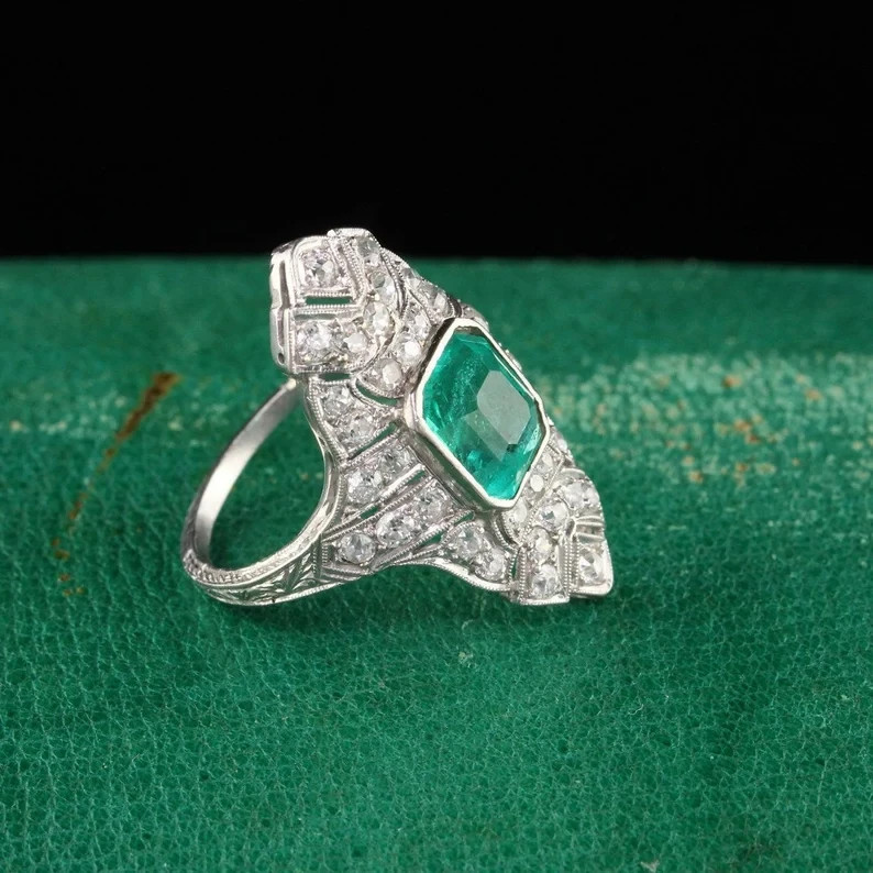 2.50 Ct Lab-Created Emerald And Diamond Art Deco Style Statement Ring 925 Silver