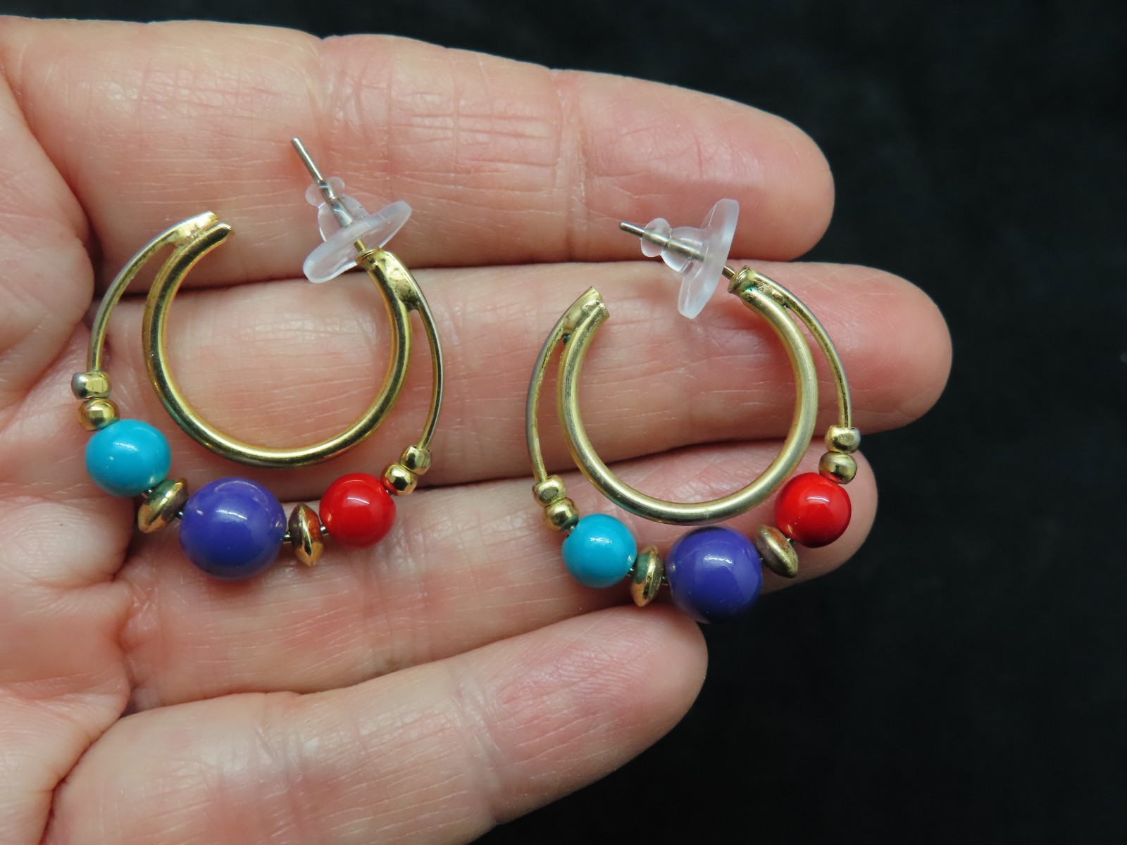 Vintage 1980’s Gold Tone Colorful Ball Hoop Pierced Earrings