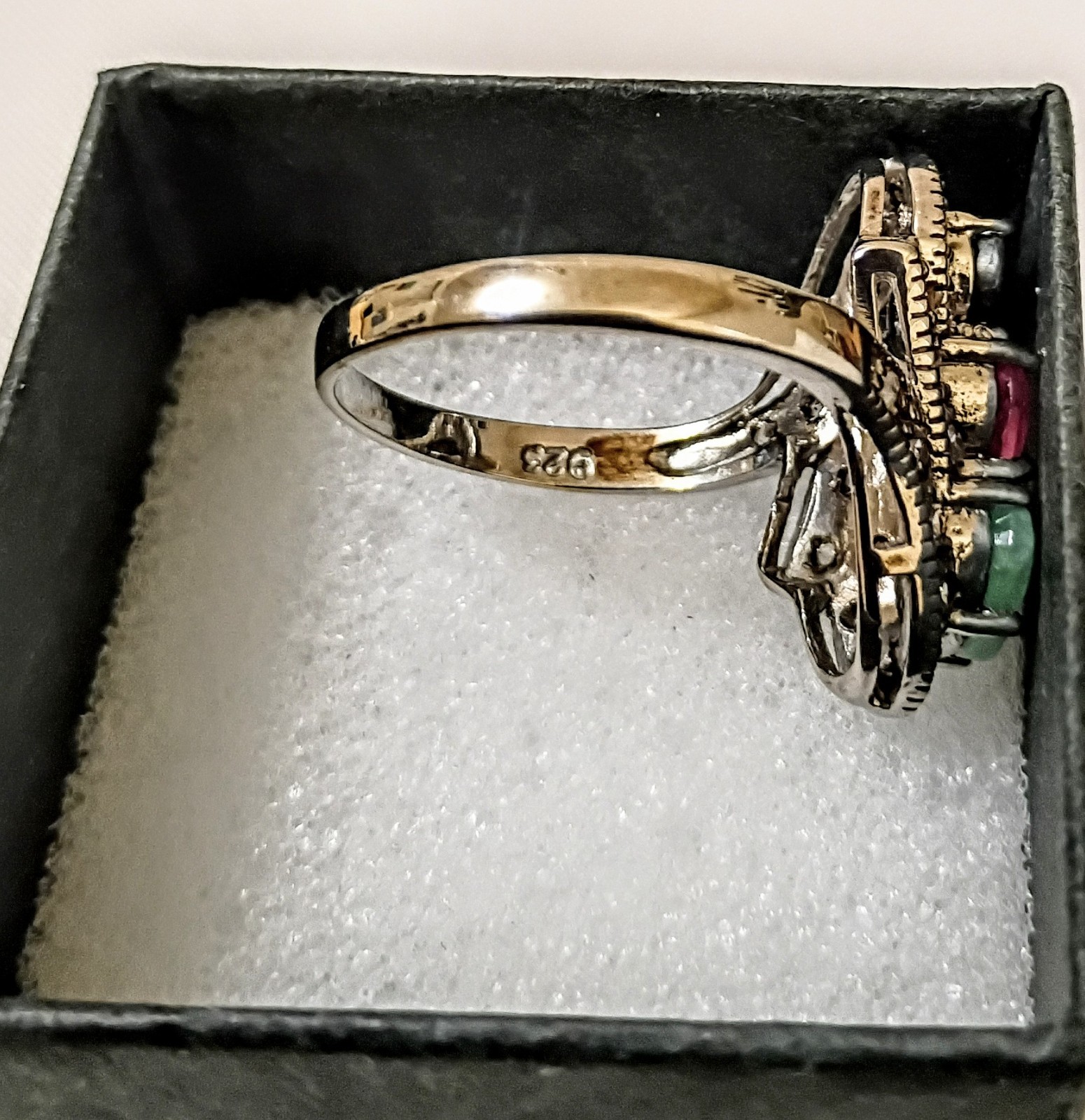 Vintage Natural Emerald Ruby Sapphire CZ Estate Statement Swirl Ring 8.5