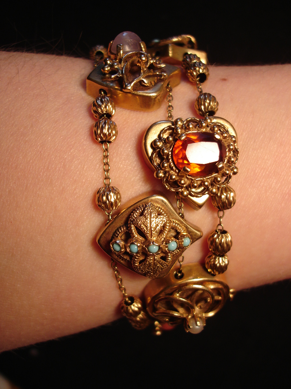 Antique Victorian Vintg Heavy Solid 14K Gold Slide Charm Bracelet 62gr Slides
