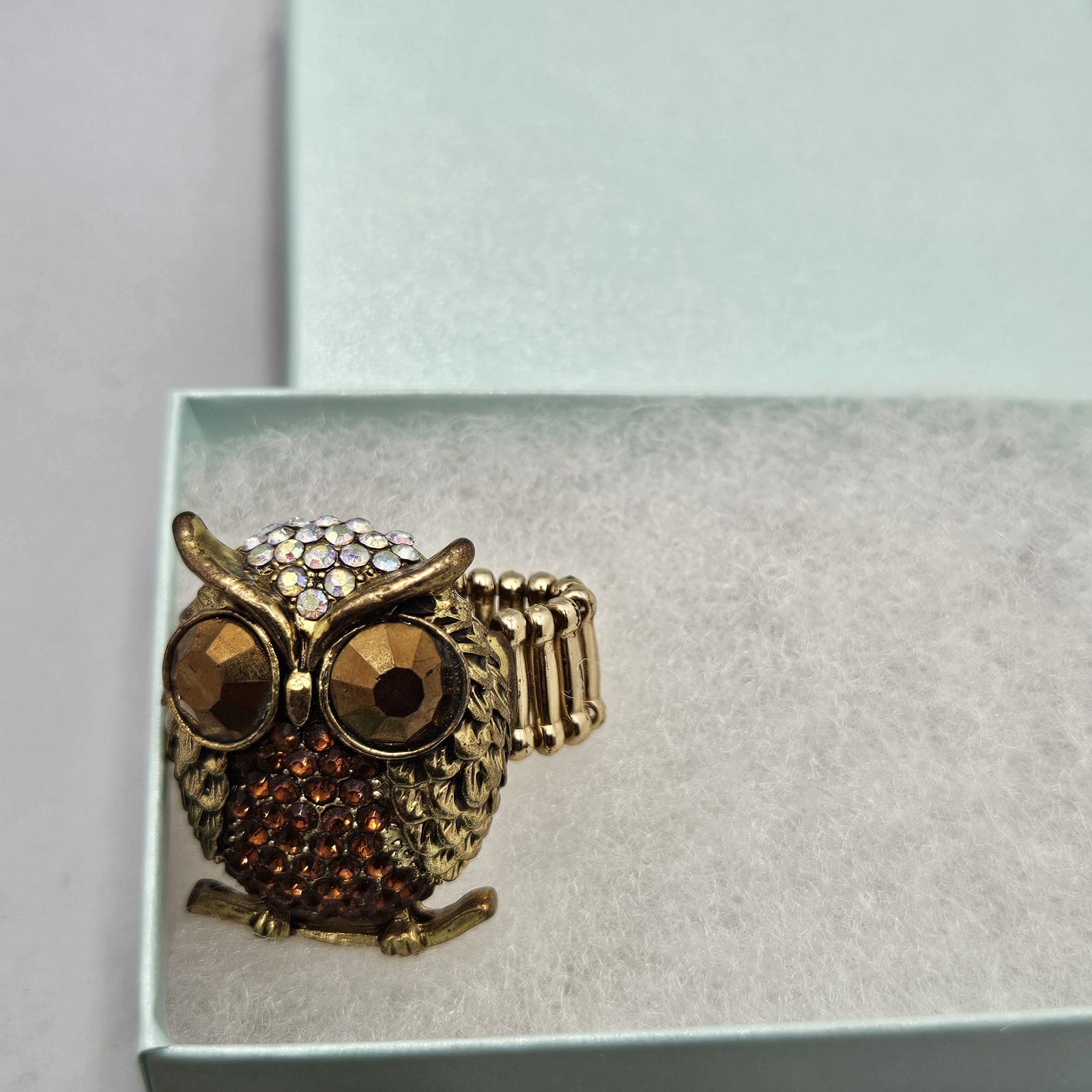 Vintage AB Rhinestone Owl Ring Gold Tone Stretch Band Chunky Large Cocktail Bird