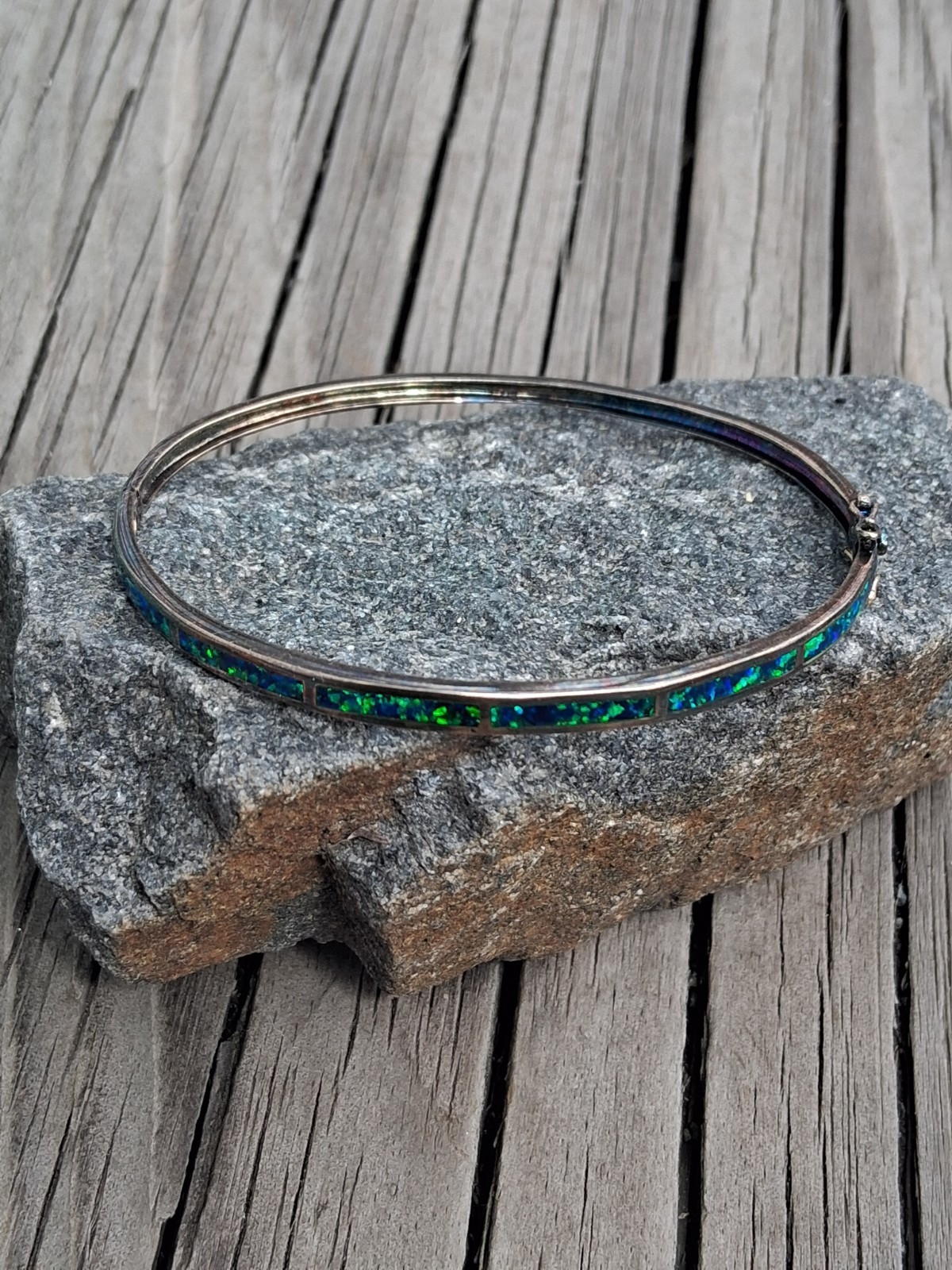 Vtg 925 Blue Opal Hinged Bangle Bracelet Sterling Silver