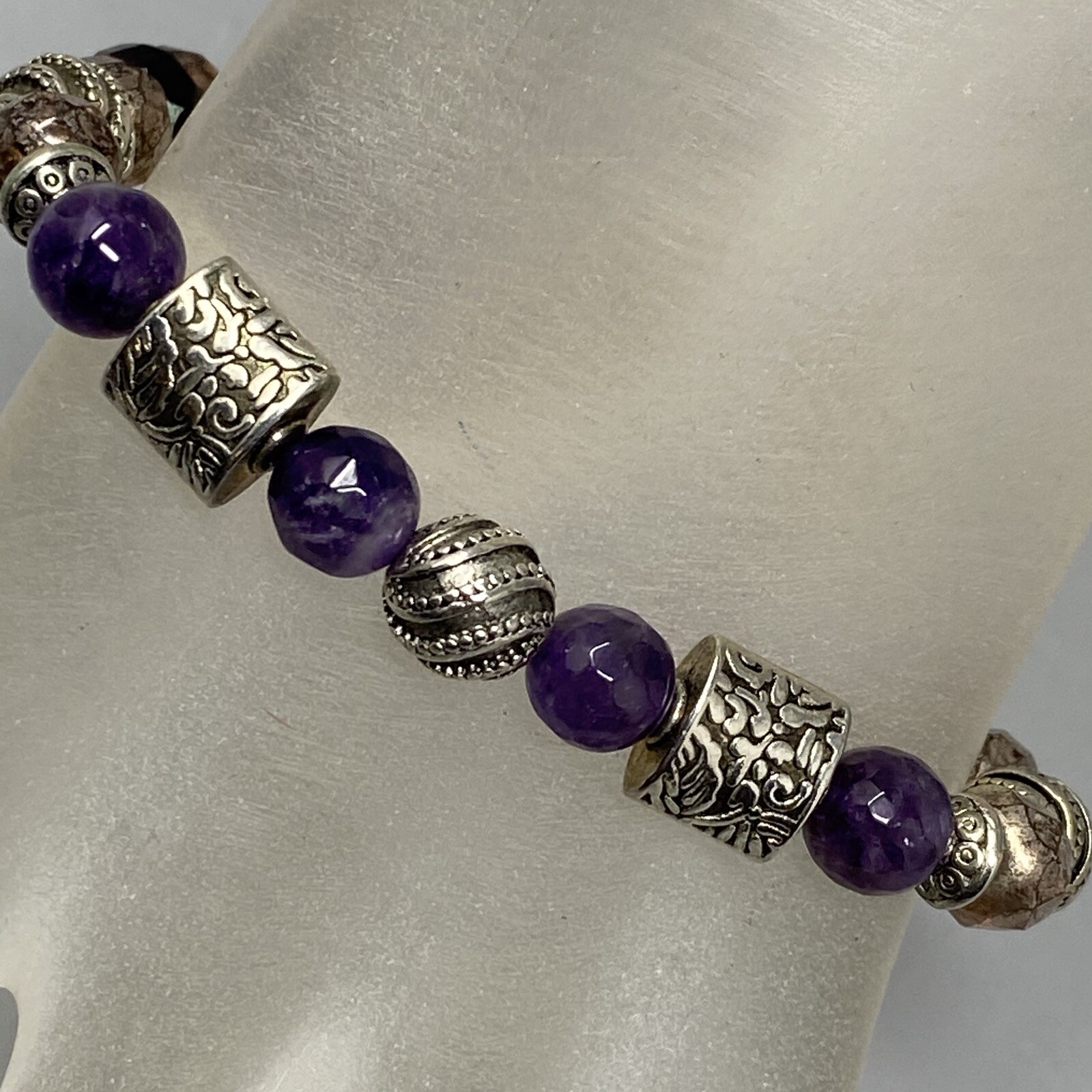 Amethyst Bracelet Purple Faceted Beads Picasso Czech Silver Tone Spacers Stretch