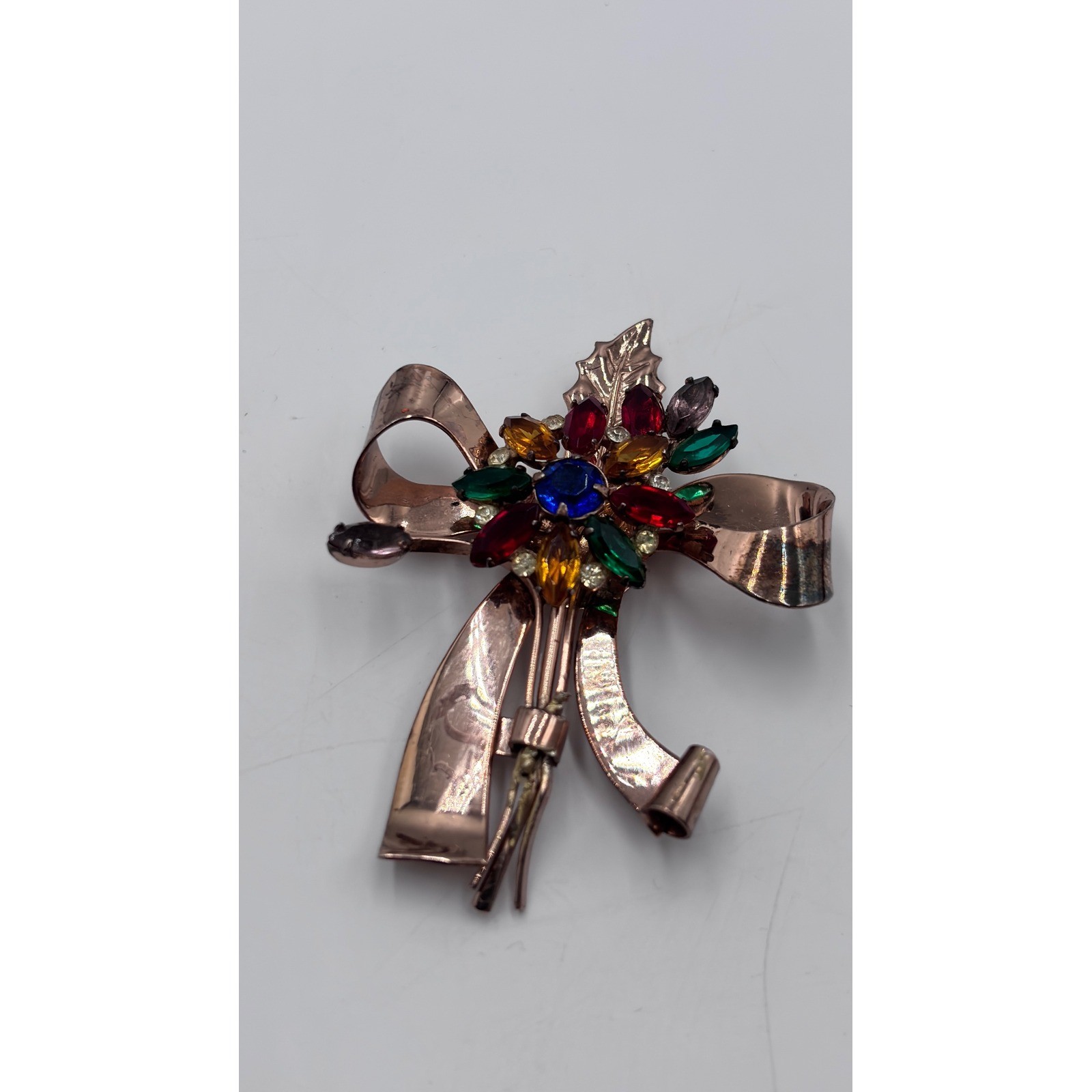 Coro Craft Sterling Silver Multi-Color Rhinestone Bow Floral Brooch Pegasus Tag