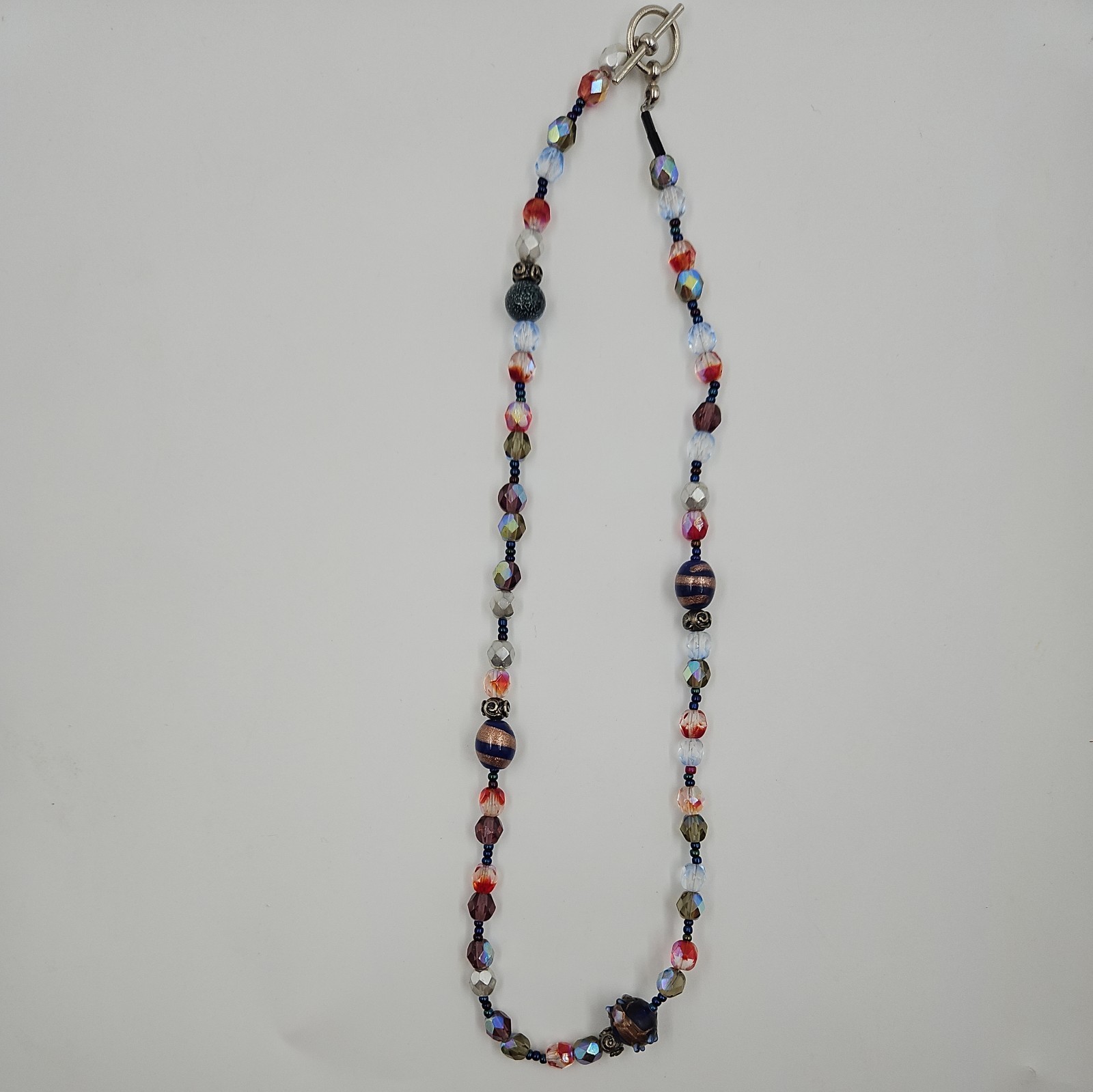Vintage Artisanal Glass Bead Necklace Iridescent Crystal Boho Toggle Clasp