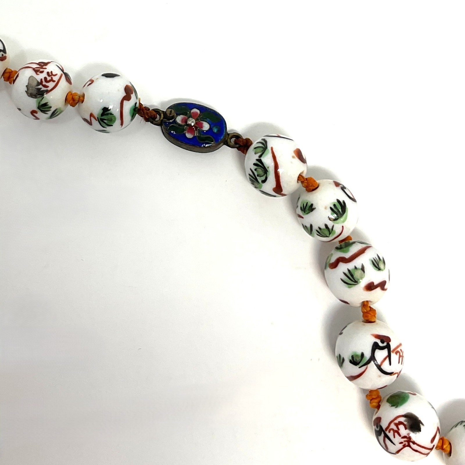 Vintage 1920s Knotted Necklace w Hand-Painted Crane Porcelain Beads Inlaid Clasp