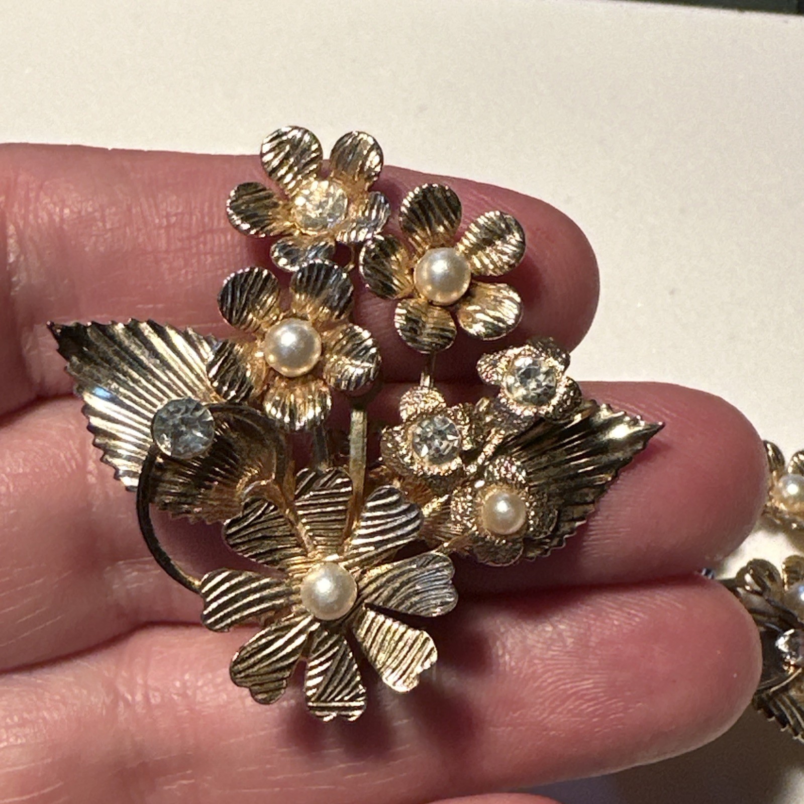 Vintage MCM Coro Clip On Earrings Gold Tone Floral Cluster Faux Pearl Rhinestone