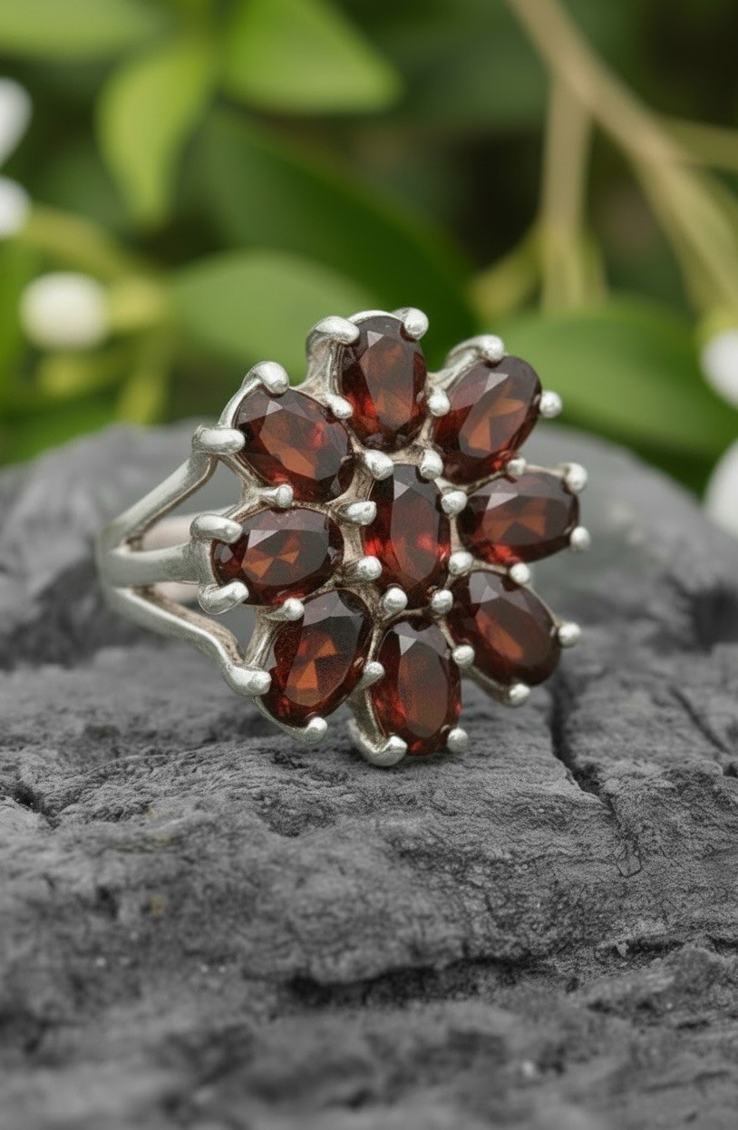 Vintage 925 Sterling Silver Red Garnet Flower Ring Size 7