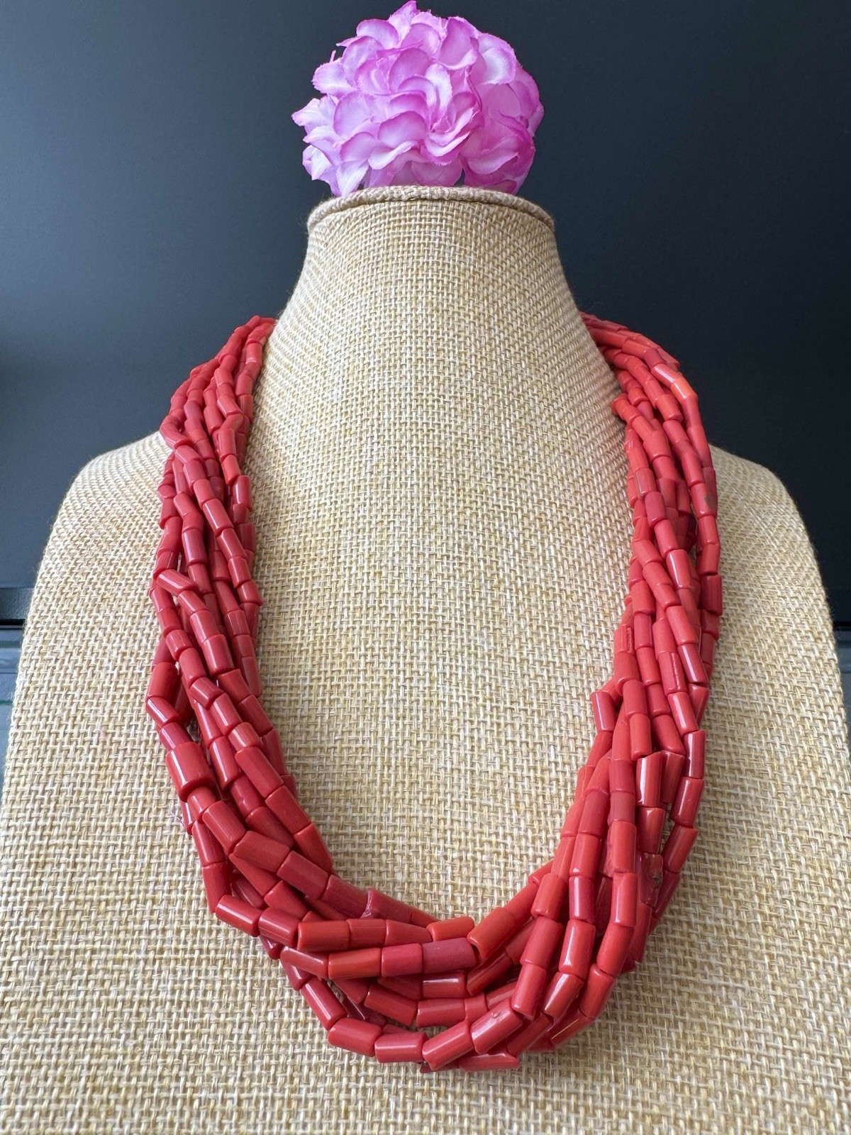 Gorgeous multi strand ethnic style barrel shape sherpa coral necklace 22”inch