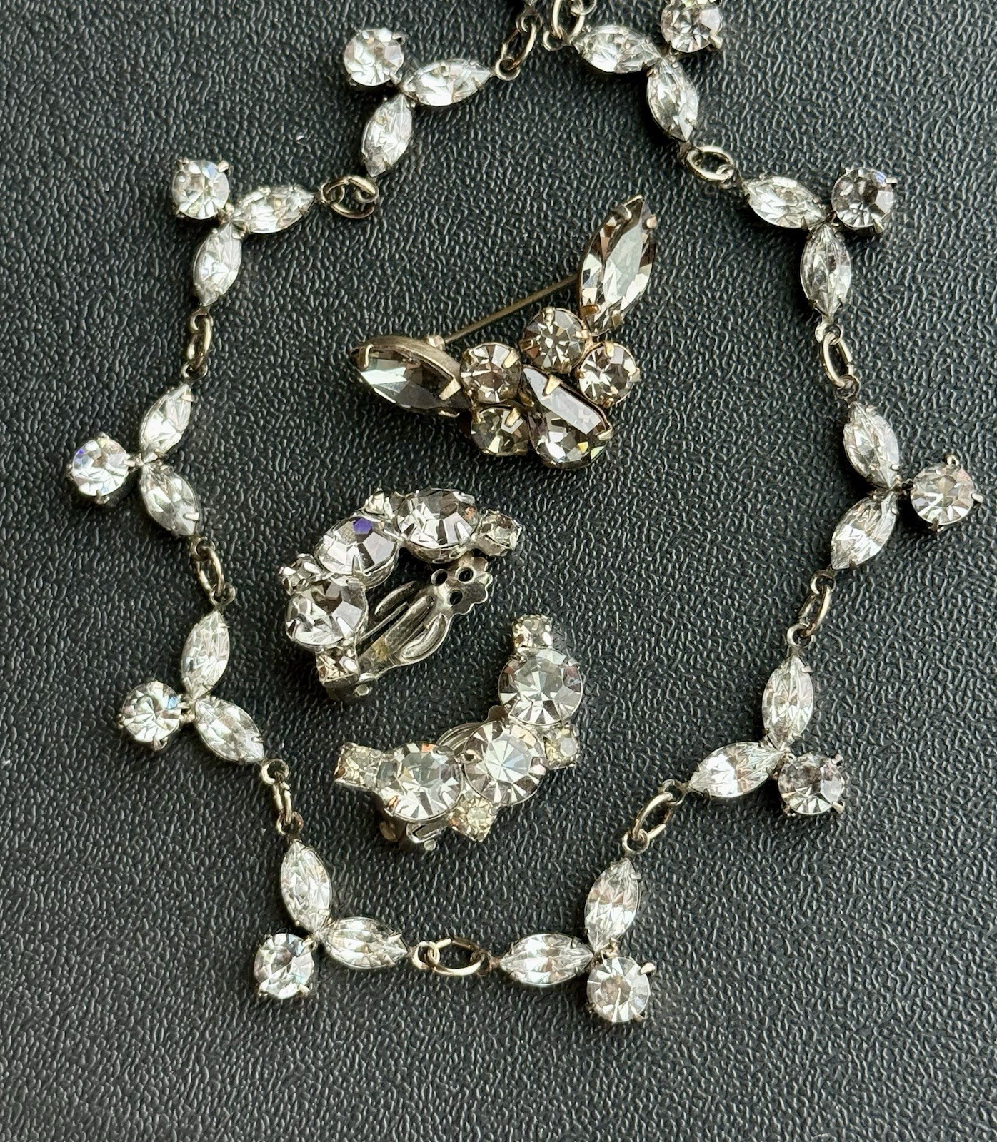 Vintage Designer Jewelry Lot Smoky Grey Rhinestone Necklace Brooch Earrings. A