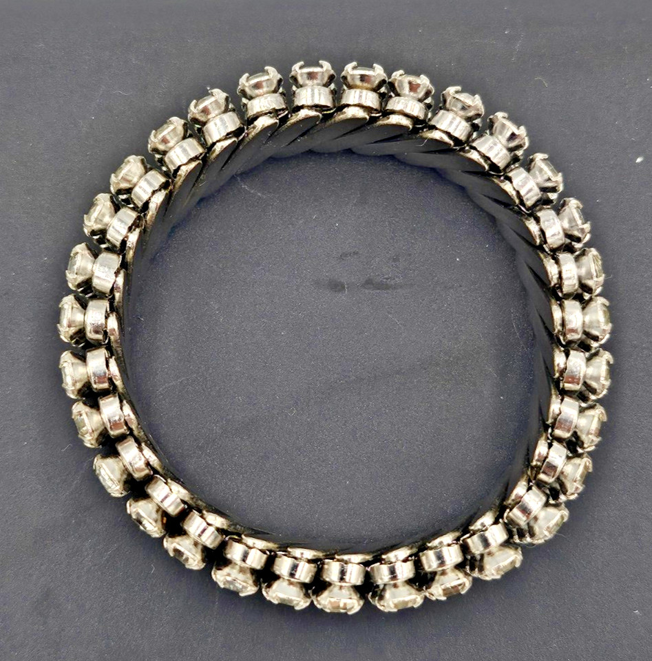 Vintage Made in Japan Rhinestone Expansion Bracelet Silver Tone