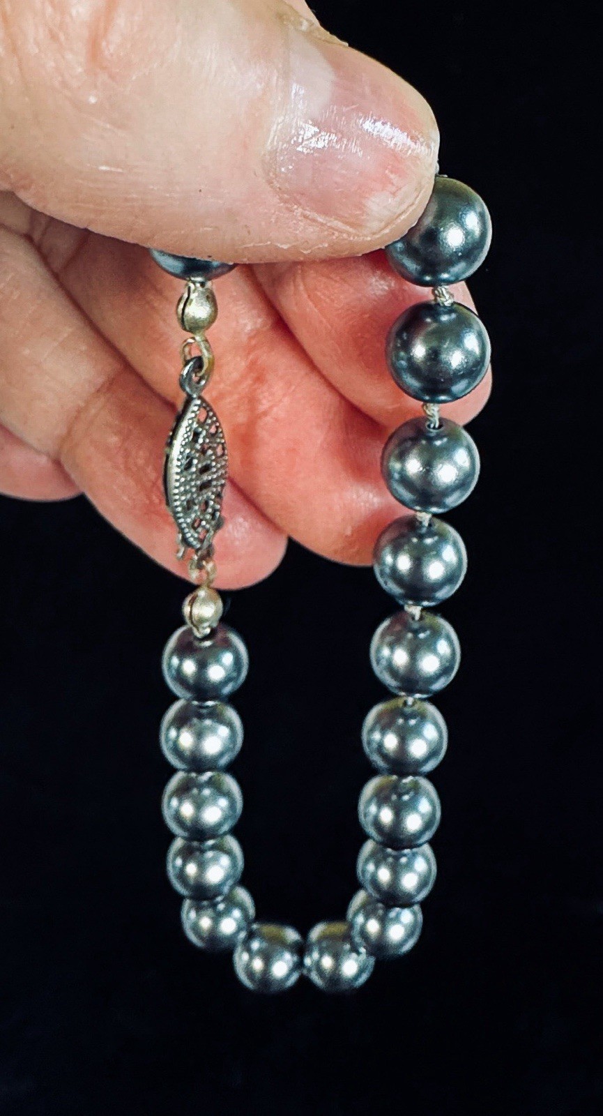 Vintage Faux Dark Gray Pearl Necklace and Matching Bracelet Glass Both EUC