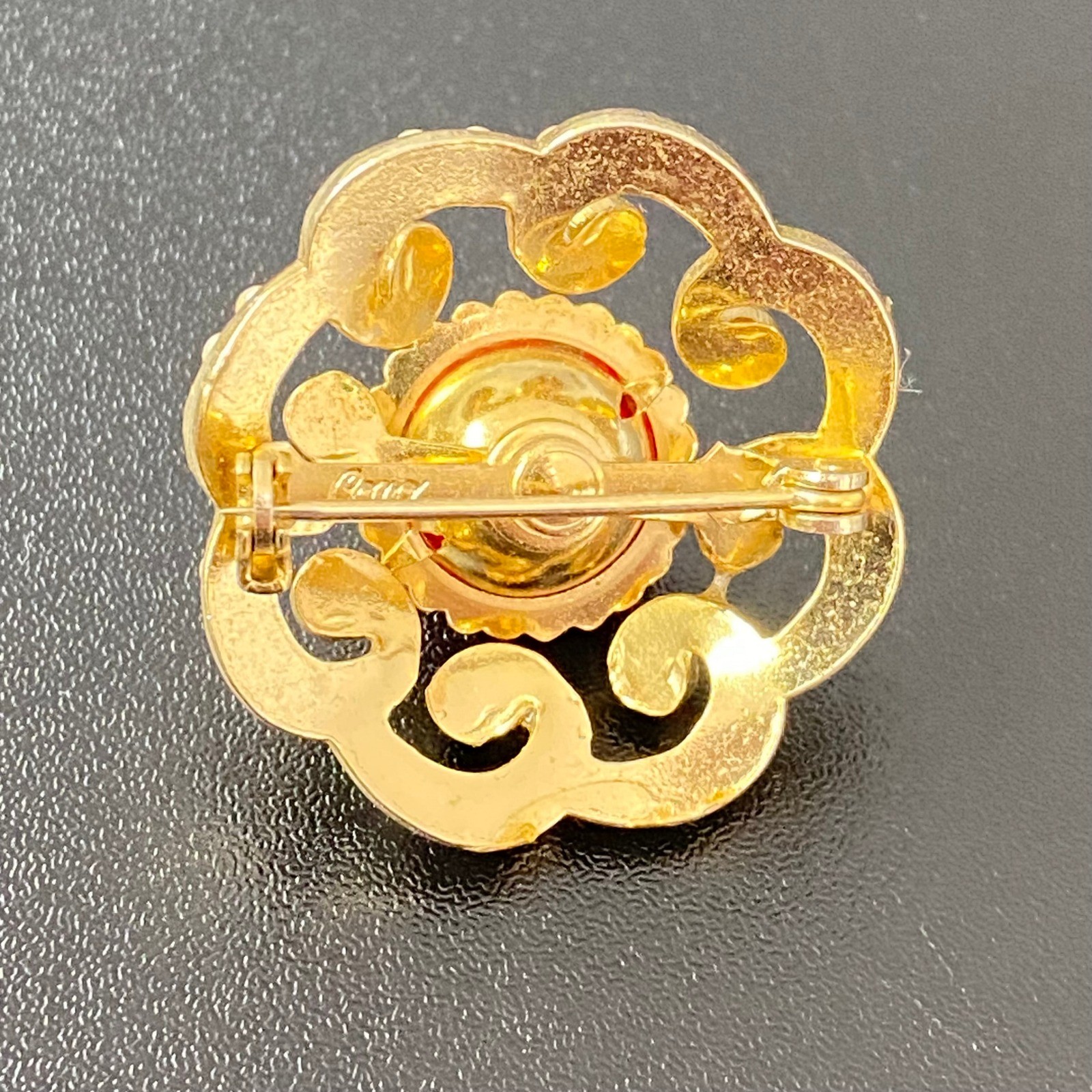 Coro Women Brooch OS Gold Red Faux Pearl Vintage Scroll Cabochon Pin *FLAWS
