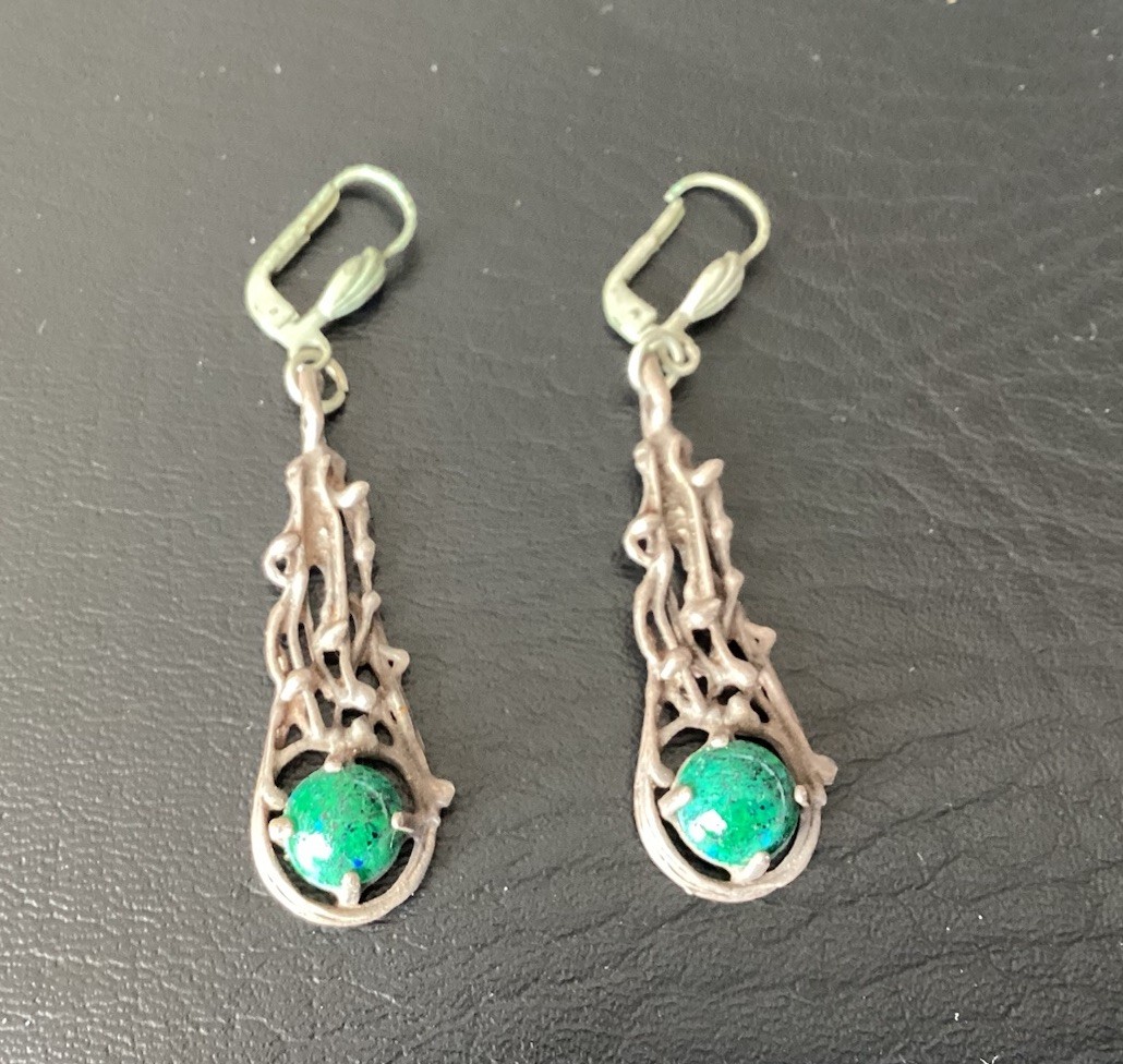 Vintage Ges Gesch West Germany Silver Green Stone Dangle Earrings