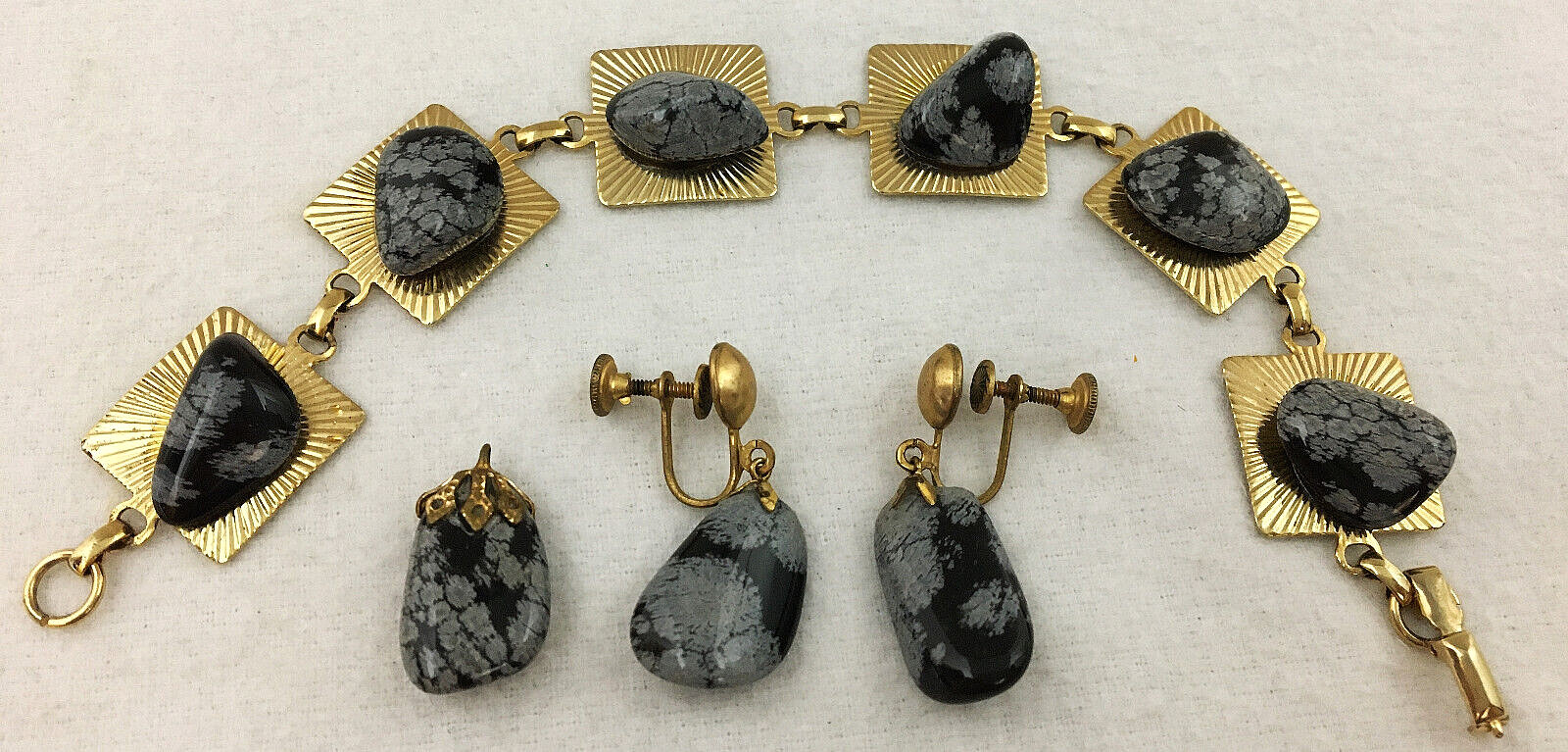 VTG 3 Piece Set GoldTone Polished Stone Bracelet Earrings Pendant Obsidian