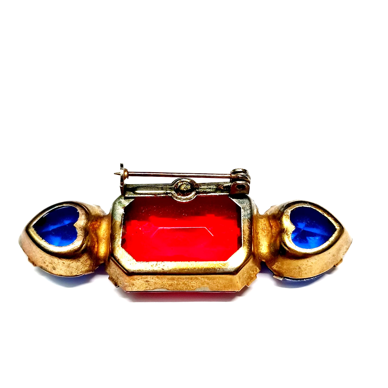 Old Vtg Lucite Acrylic Stone Bar Brooch Blue Hearts Red Rectangle C Hook Clasp