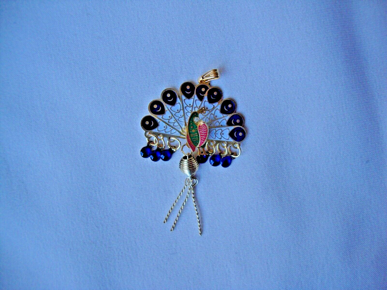 Vintage Folding Peacock Fan Green Red Blue & White Enamel Gold Filled Pendant
