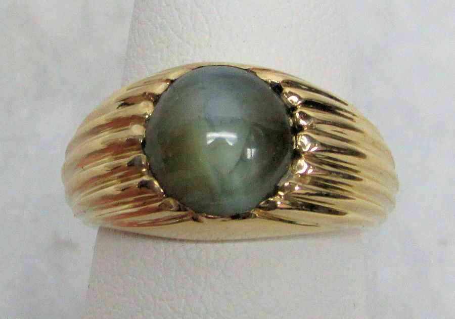 18K SOLID GOLD & 4.24ct GREEN BERYL CATS EYE STONE PINKY RING SIZE 6