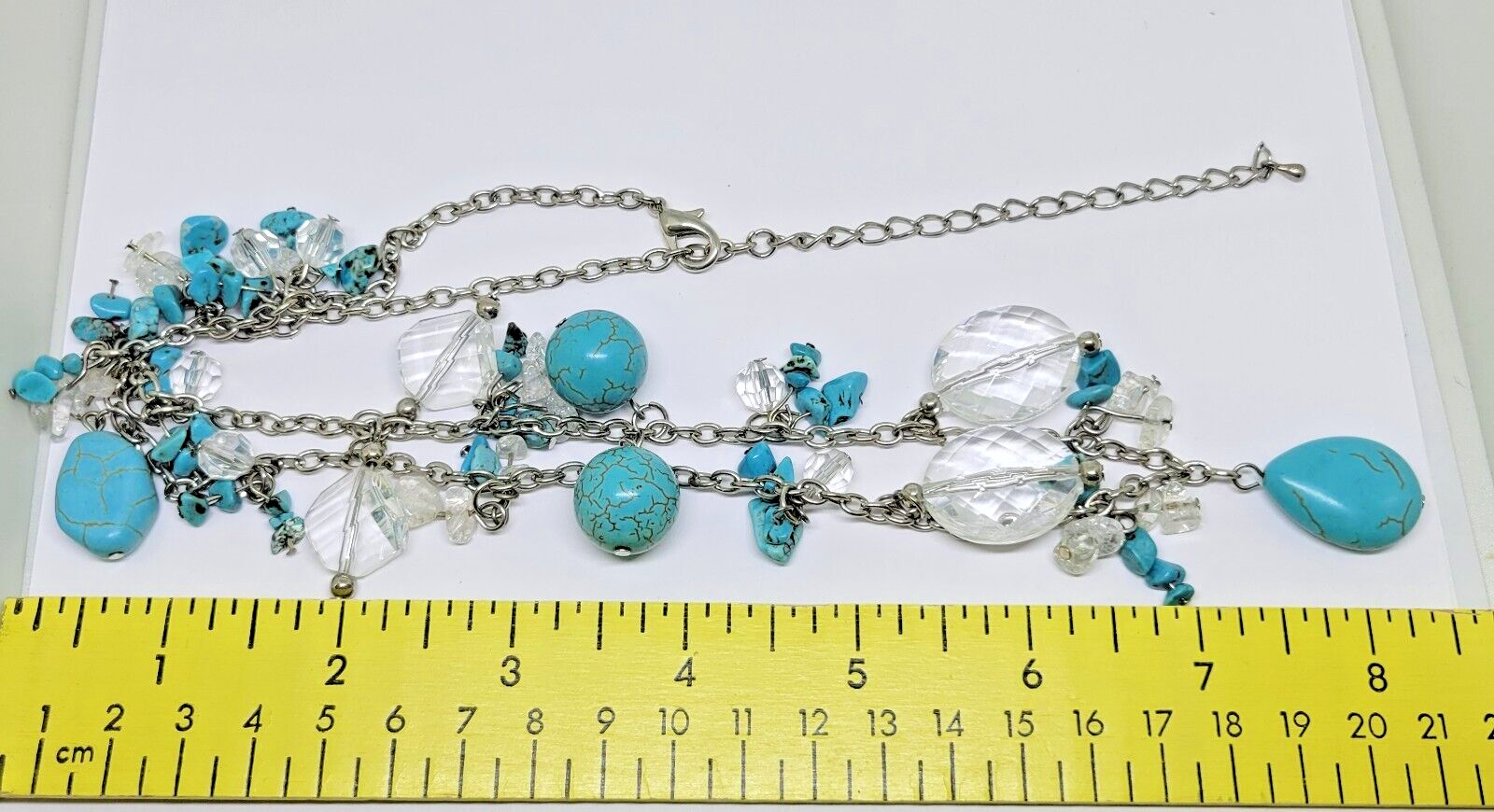 Vintage Estate Silver Tone Faux Turquoise Charm Station Statement Necklace ~ 28″