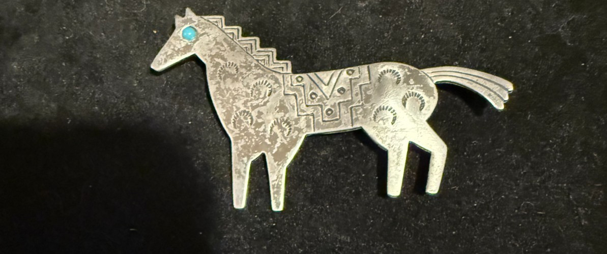 Equestrian Brooch JJ 1988 Pewter with Brushed Silver Tone Horse Pin Stone Eye 3″