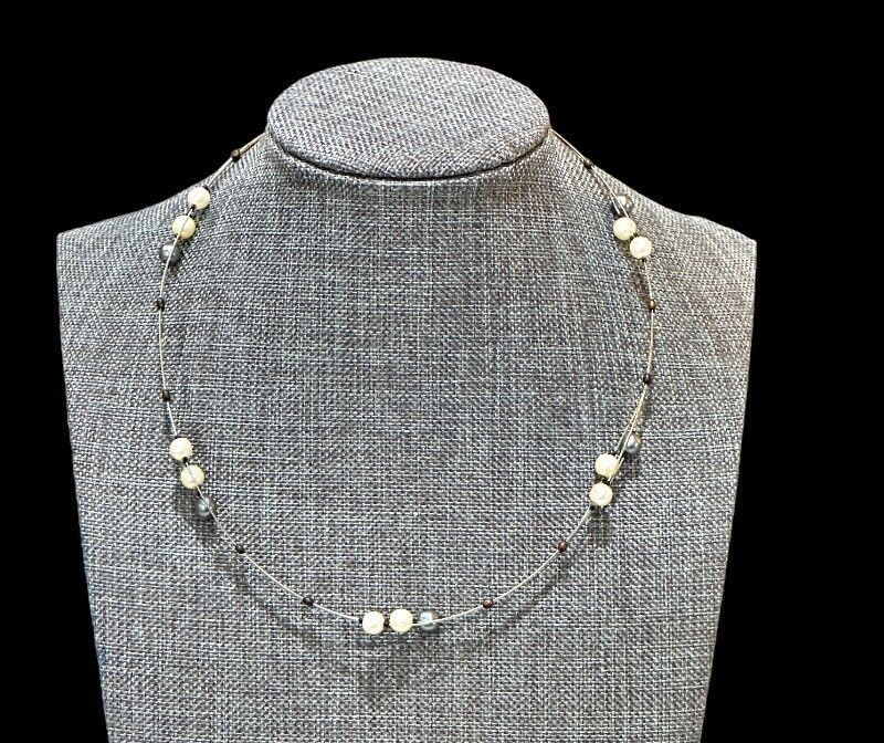 Floating Faux Pearl Necklace Gray and White 3-in-1 Strand 12 Inch Dainty Vintage