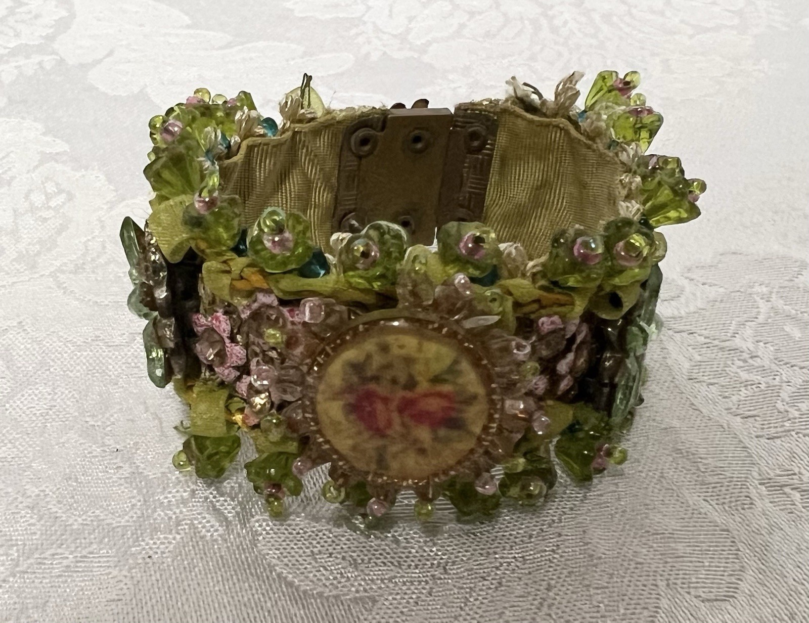 Vintage 1990s Victorian-style Beaded Ribbon Bracelet • Green & Pink Floral Motif