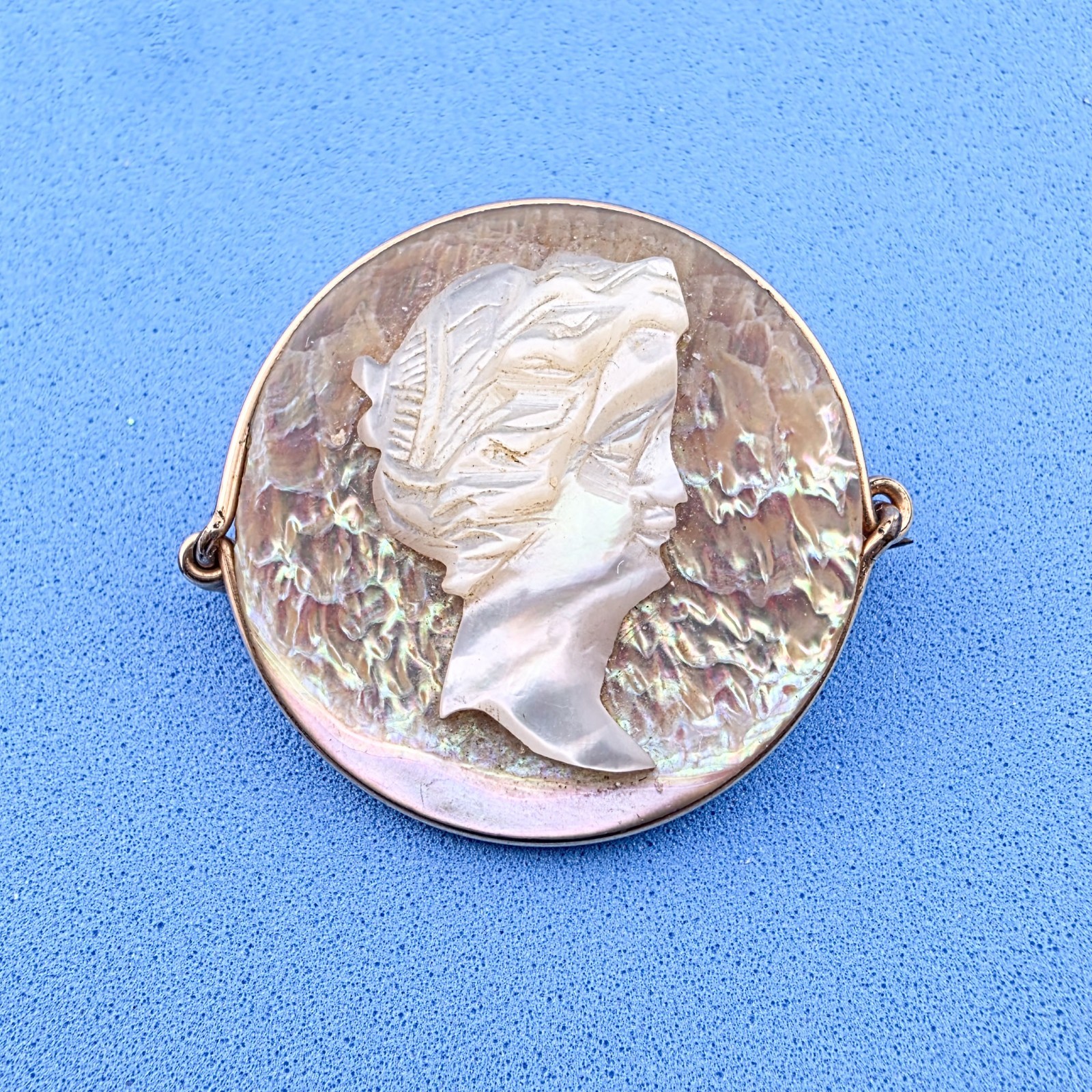 Vintage Abalone and Applied Mother Of Pearl Cameo Goldtone Setting 1″