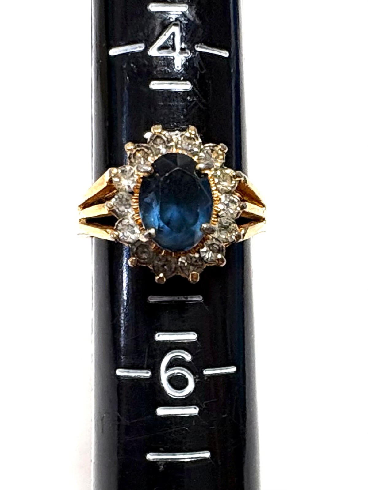 VINTAGE 18K ? RAJ YELLOW GOLD PLATED RING, BLUE STONE W/ CLEAR STONES, SIZE 5