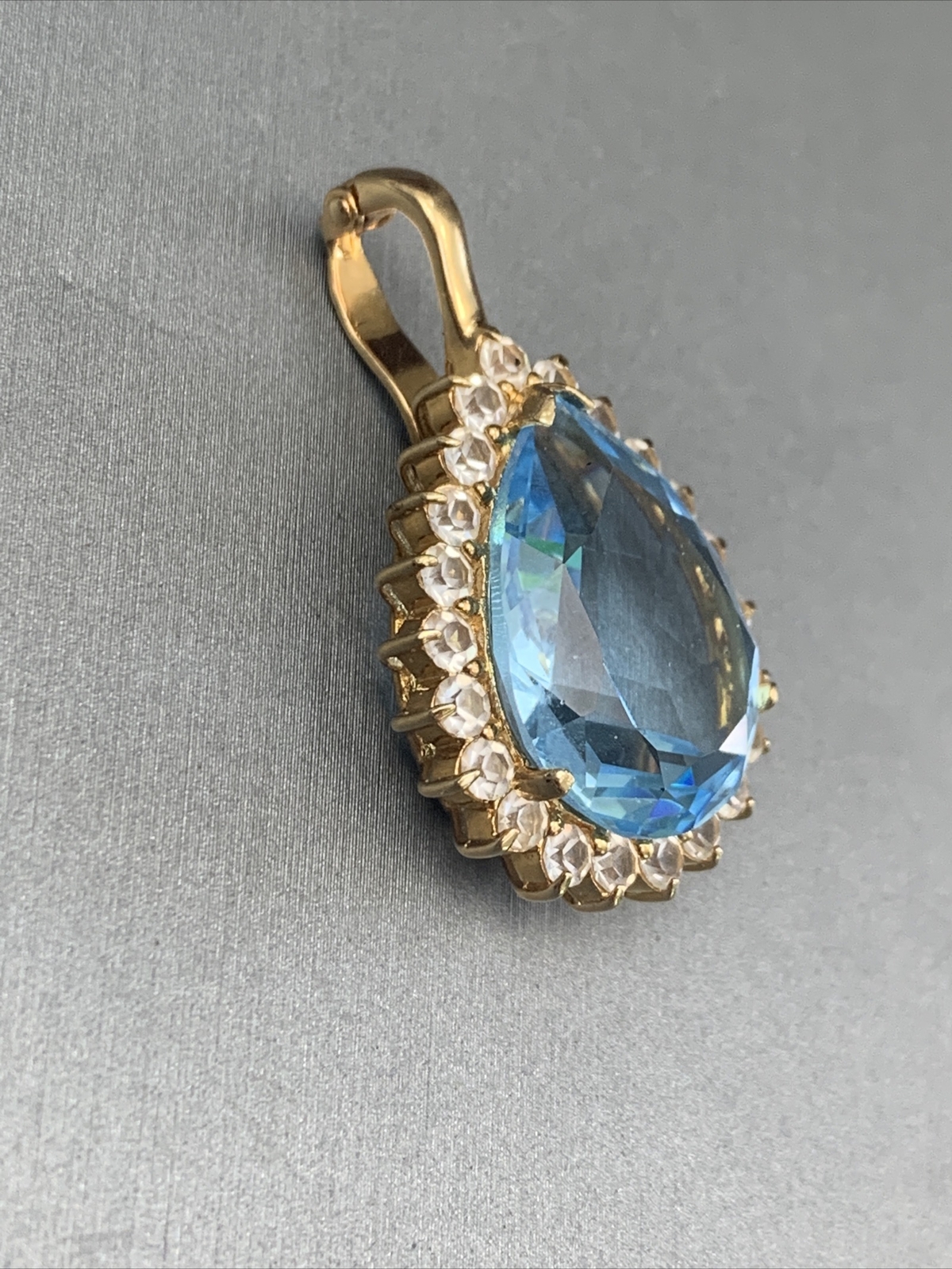 Vintage Quality large Faux blue topaz Clear stone Necklace Enhancer 1”