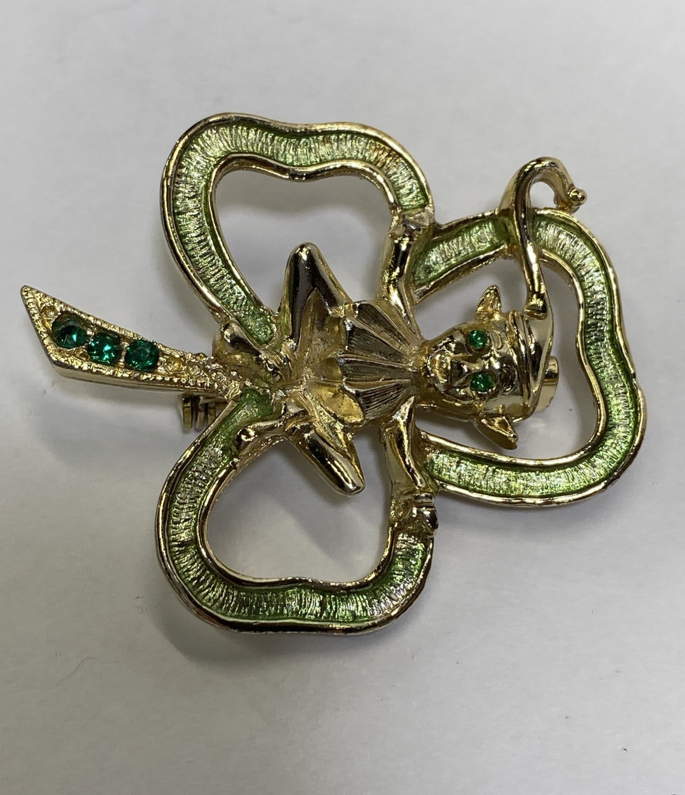 Signed BJ Leprechaun Shamrock Brooch Pin With Emerald Green Rhinestone Eyes