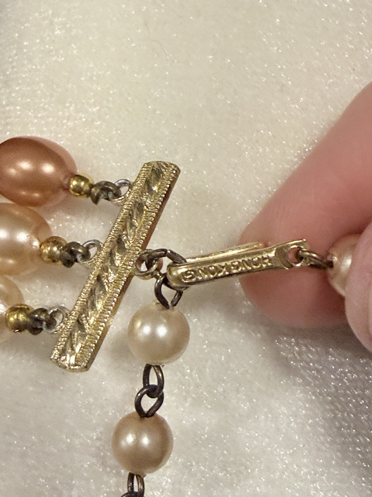 Vintage Triple Strand Made In Hong Kong Peach Cream Beaded Necklace