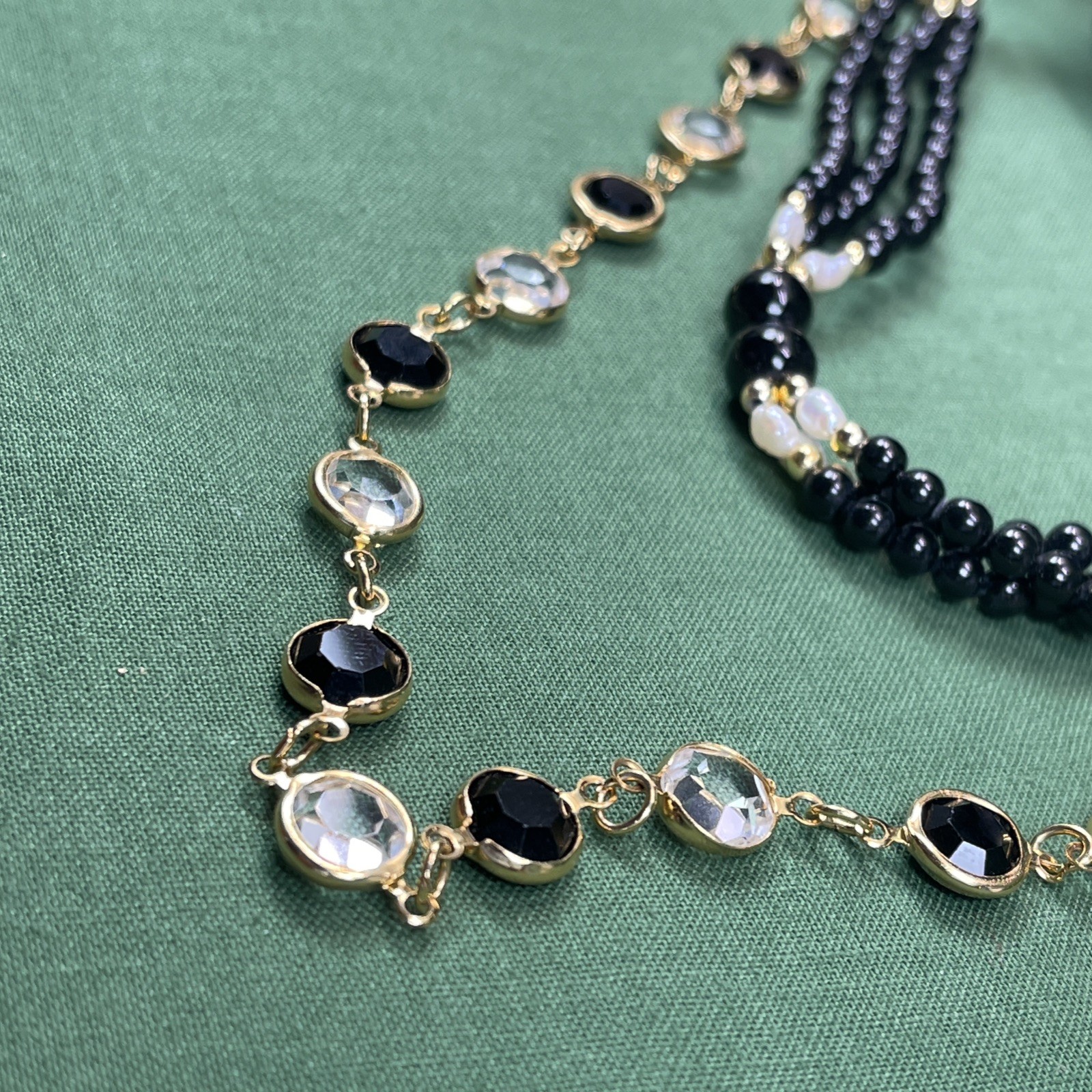 USA Made Austrian Crystal Black Gold Tone Rice Pearls Jewelry 4 Piece Parure Set