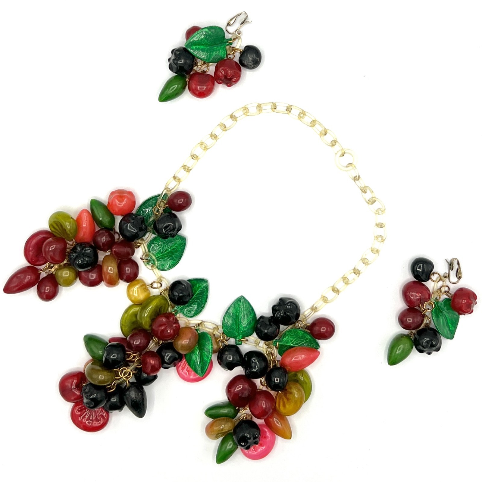 Anka Celluloid Mixed Fruit Necklace & Earring Set Vintage Stock 1920s Fruit
