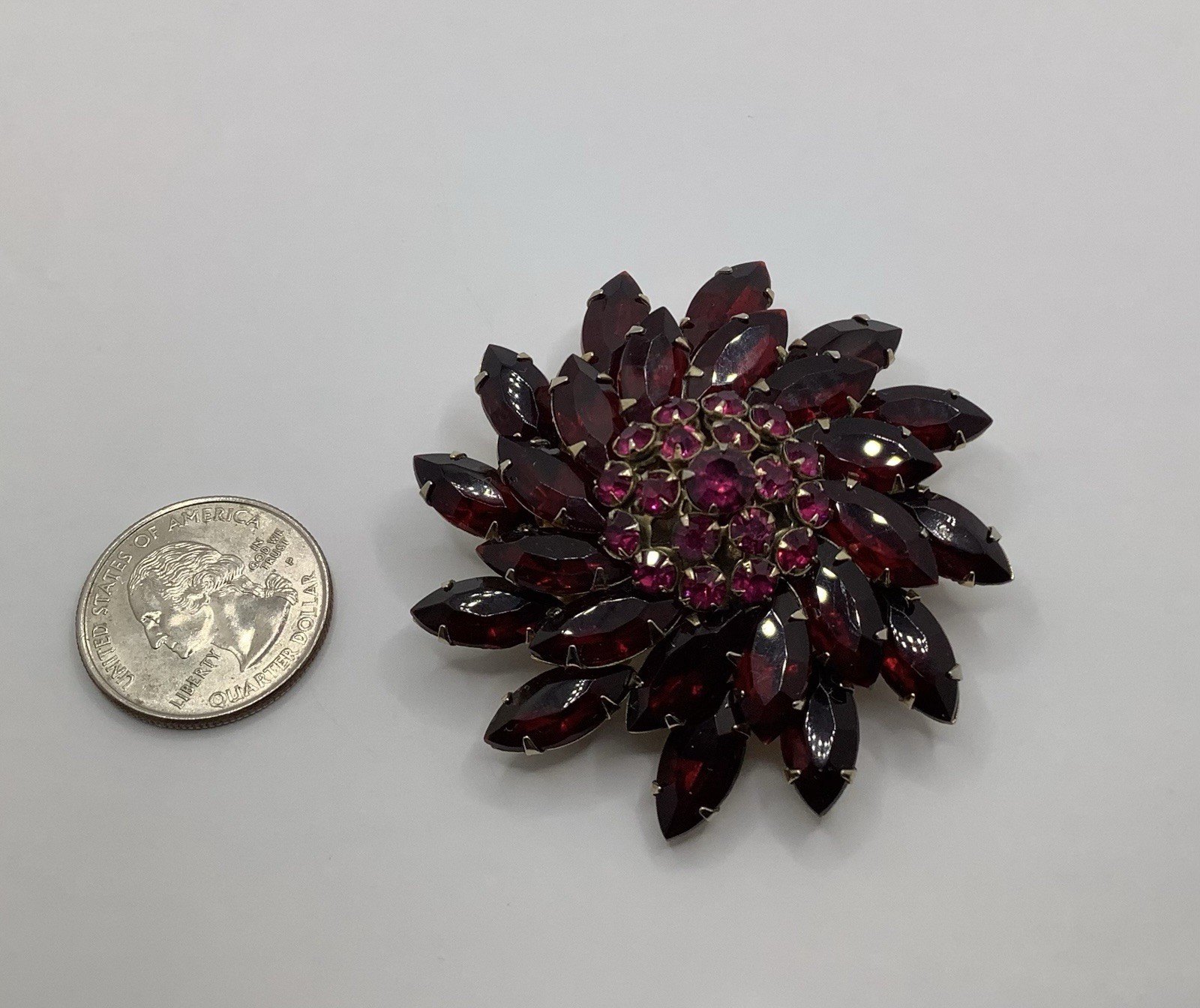 Vintage Gold Tone Riveted Fuchsia & Red Navette Rhinestone Swirl Flower Brooch