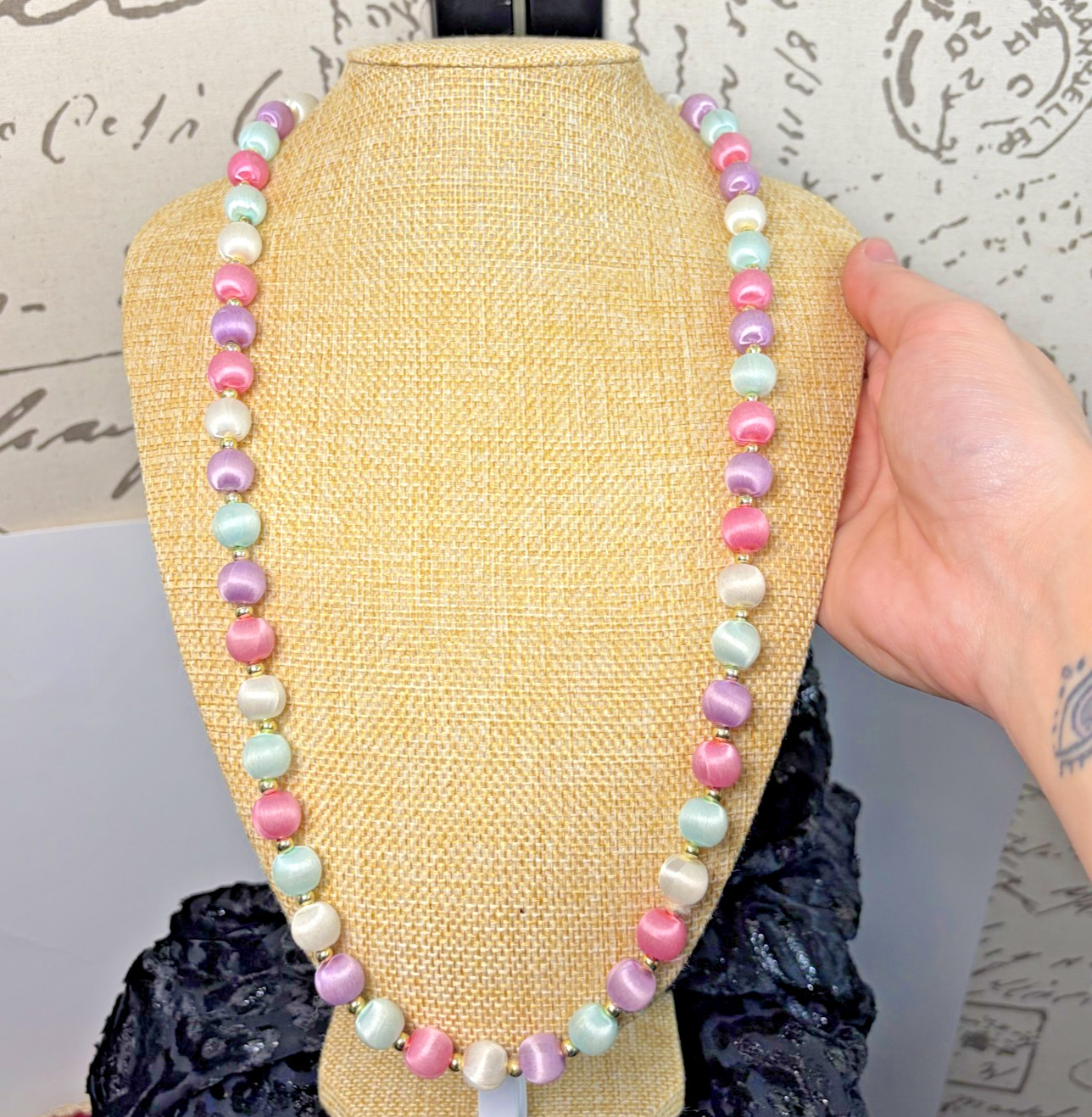 Vintage 80s Purple Pink Green White Pastel Handmade Satin Silk Bead Necklace