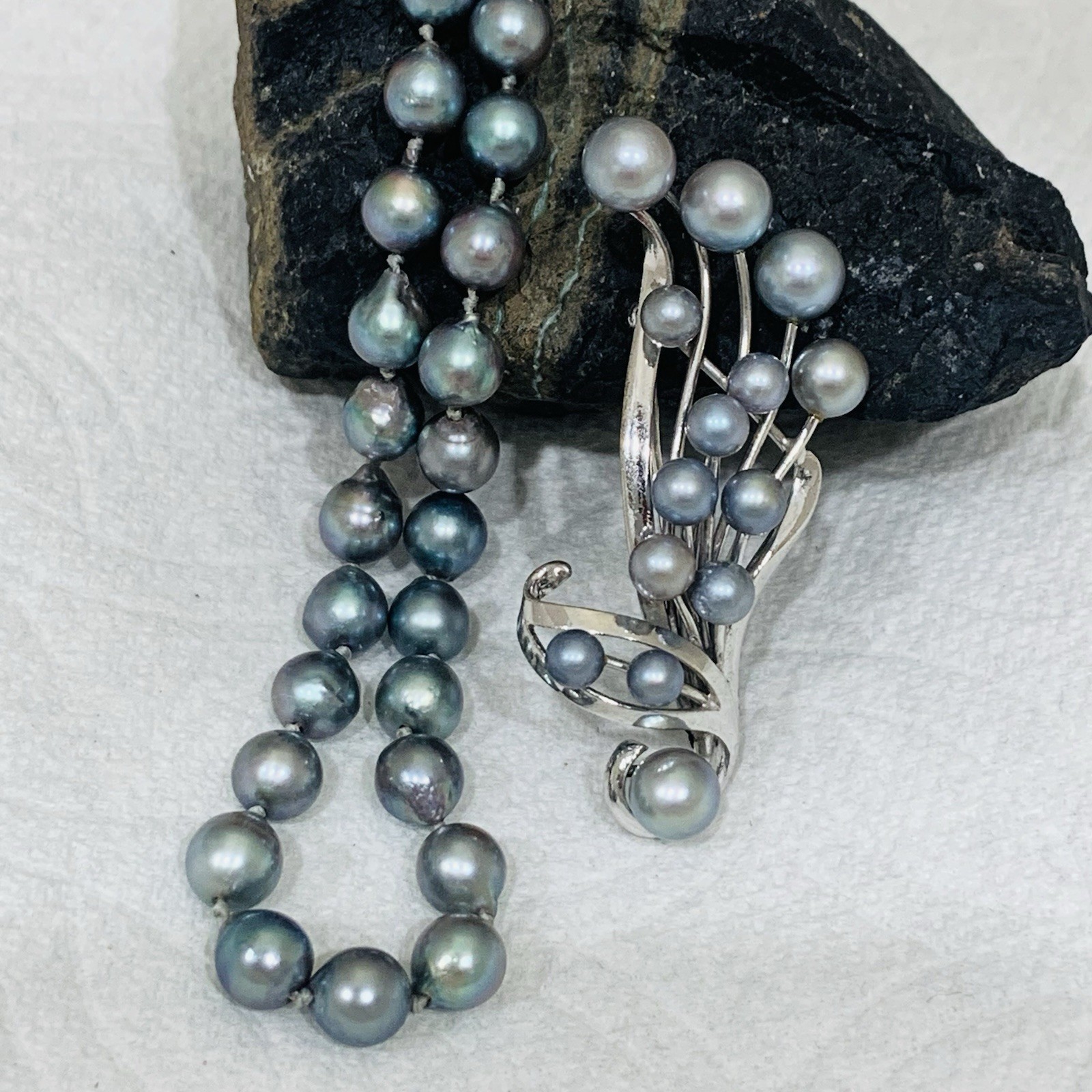VTG BLUE AKOYA PEARL Necklace SET 10k WG 7mm Baroque Saltwater Pin 3″ SILVER 19″