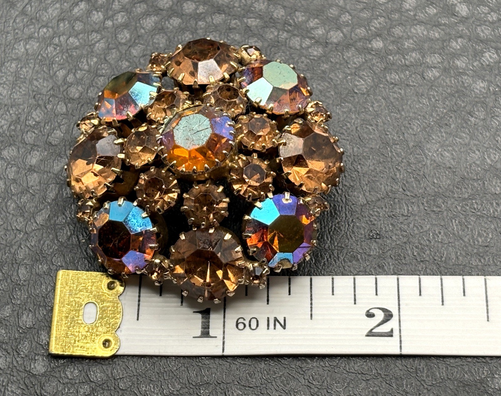 Weiss Vintage Peach Brown AB Aurora Borealis Rhinestone Domed Brooch Pin