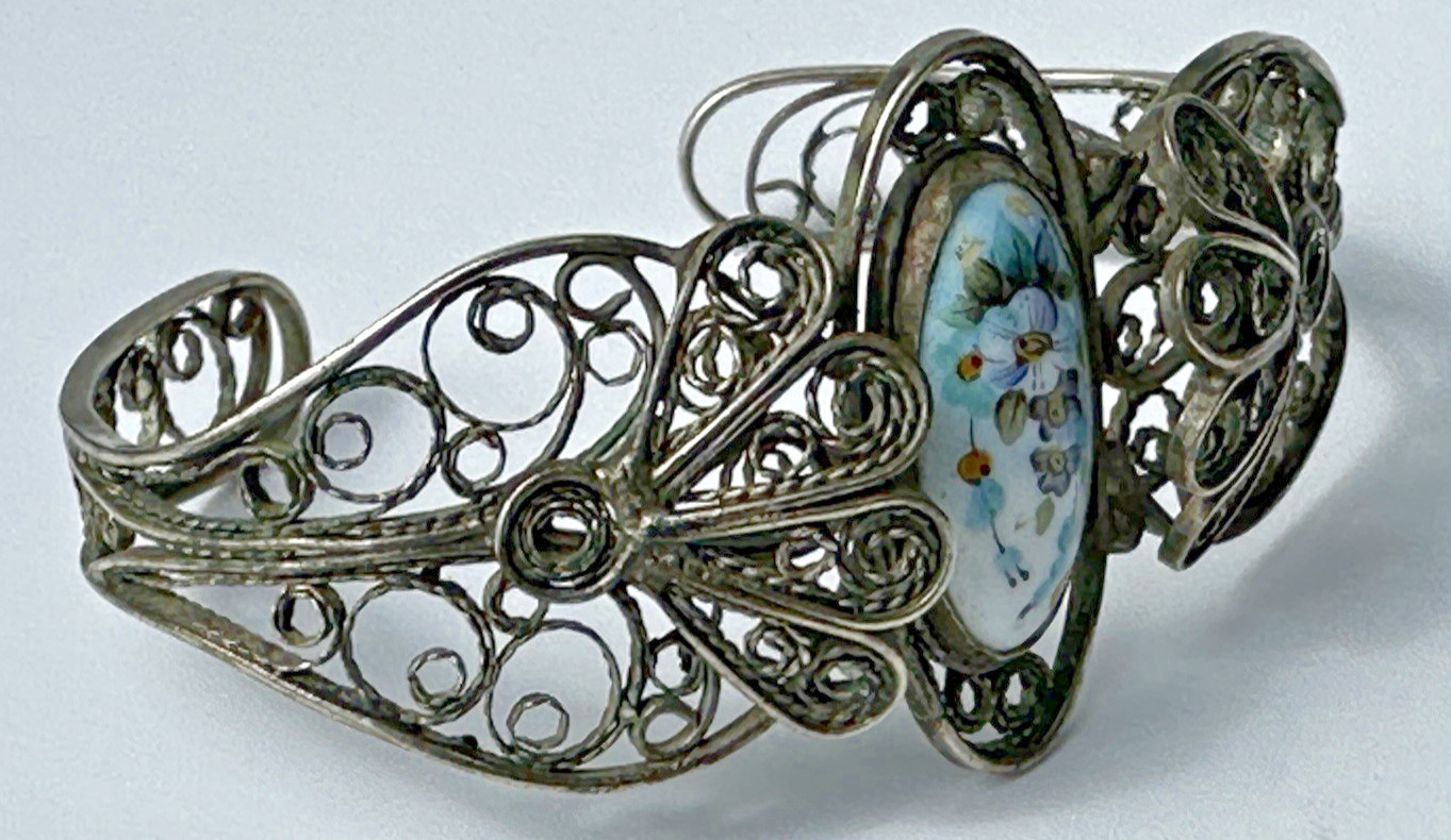 Vintage Painted Floral Motif Enamel Cuff Bracelet W/ Ornate Filigree