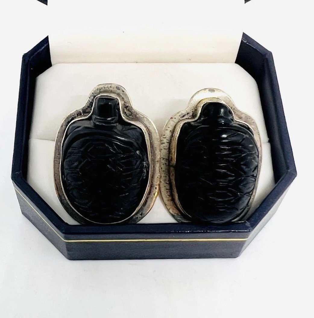 Amy Kahn Russell Sterling Silver Carved Black Turtle Earrings Vintage Jewelry
