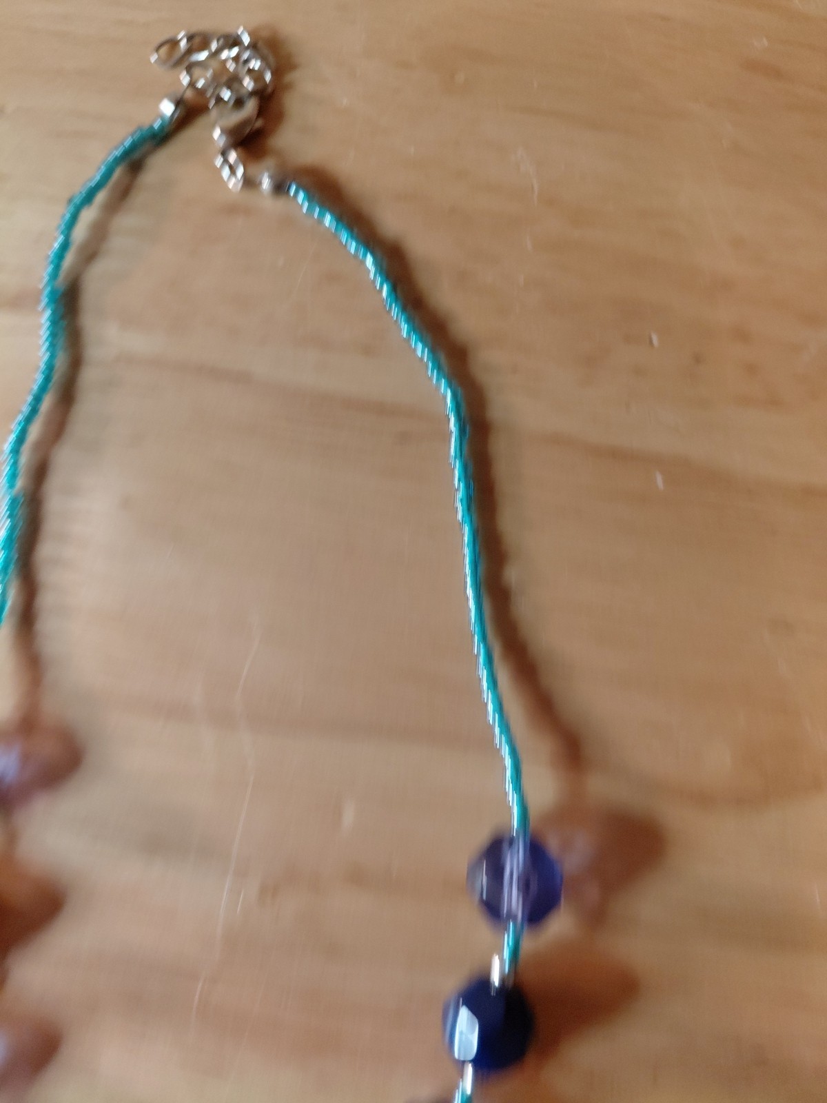 Blue Acrylic & Glass Bead Pendant Necklace – Handbeaded – 15″