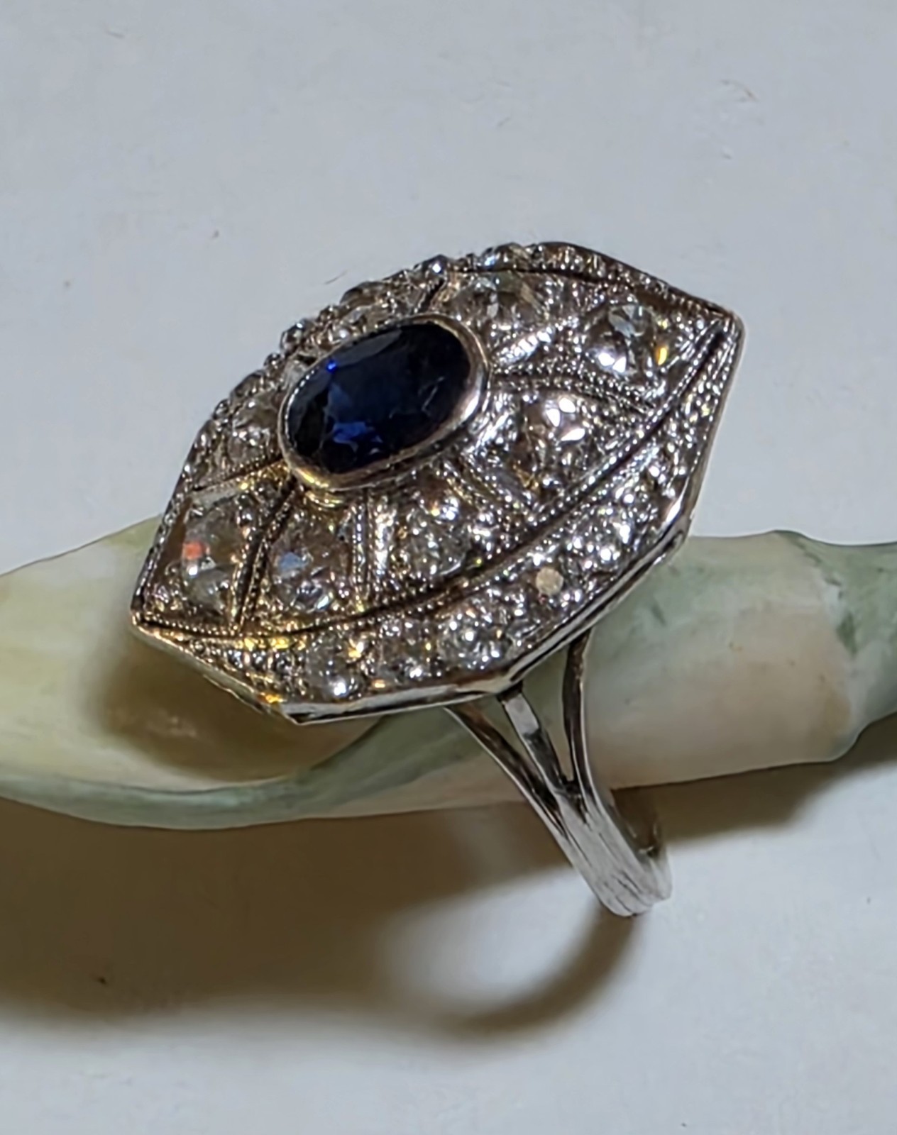 Antique Platinum Old European And Mine Cut Diamonds Blue Synthetic Sapphire Ring