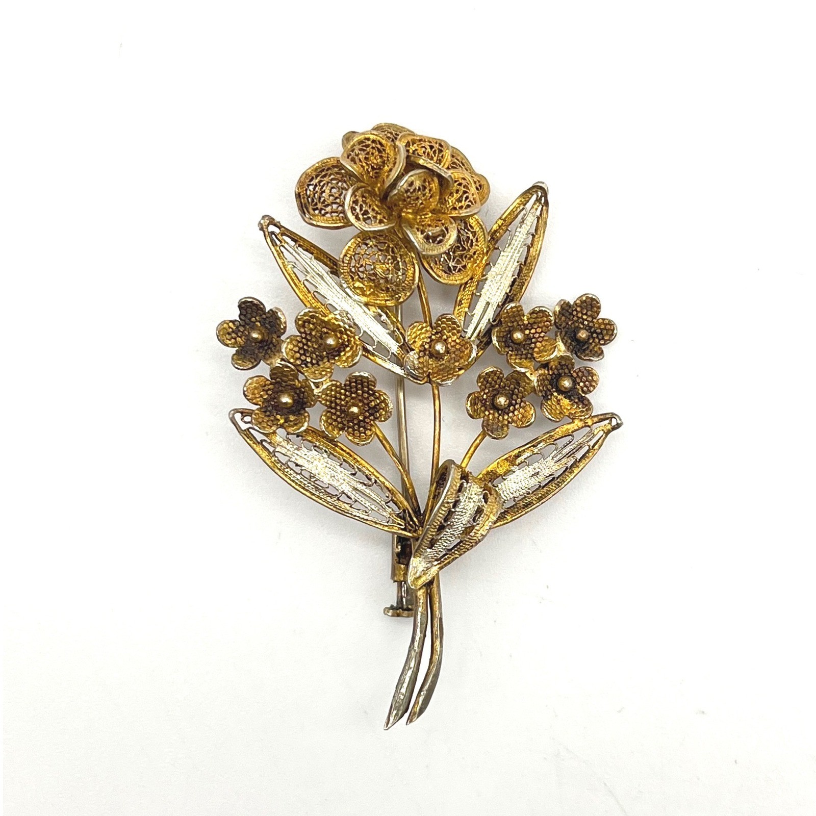 Vintage 800 Silver Filigree Floral Bouquet Brooch Gold Wash Flower Pin 2 Inch